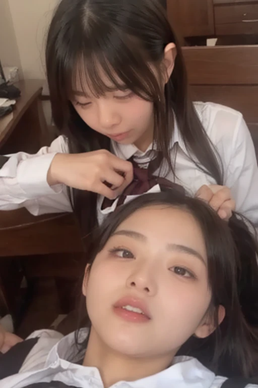 not futanari, masterpiece, best quality, extremely detailed, (illustration:1.2), 8k cg wallpaper, stunning art, nsfw, (2+girls:1.2), face between viewer's legs, no hands, no fingers, black eyes, (look at viewer with lovingly eyes:1.3), (cooperative fellatio, 2girls licking the perfect 1penis by perfect tongue:1.3), (1boy, full by:1.1), tongues perfect crawling on the 1penis, (drooling:1.3), (harem, group picture:1.1), (from side view:1.1), (close to viewer, face focus:1.5), , (in classroom:1.3),Black hair ponytail