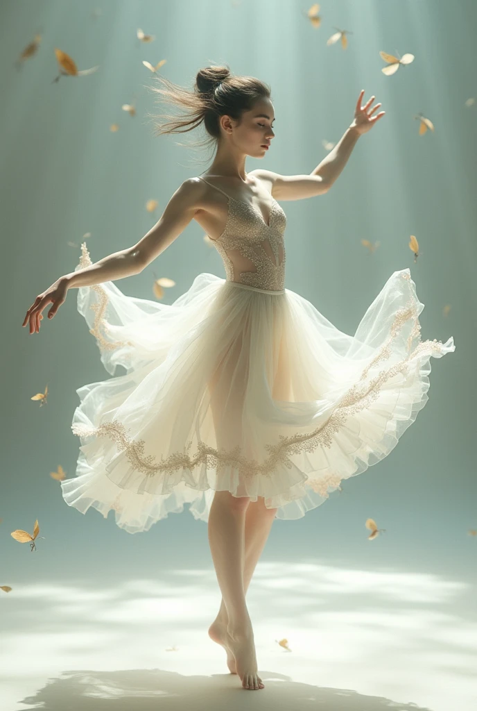 fantasy, high quality, 8K, realistic,photo realistic,RAW photo,photography,High resolution, ultra-definition, highest quality,cinematic lighting, (light particles), (small white feathers:1.3), glitter effect, from below, midnight, ballet、ballerina, ballet Swan Lake、Lake in the deep forest、full body、break, A prima donna girl dances gracefully in the moonlight on a mysterious large lake.、princess odette, Lonely、1 girl、((luxurious and delicate white tutu)),semi-long hair,black hair,black eyes、beautiful feet、Ballet Pointe Shoes, Peeking from below、Straddling the camera、