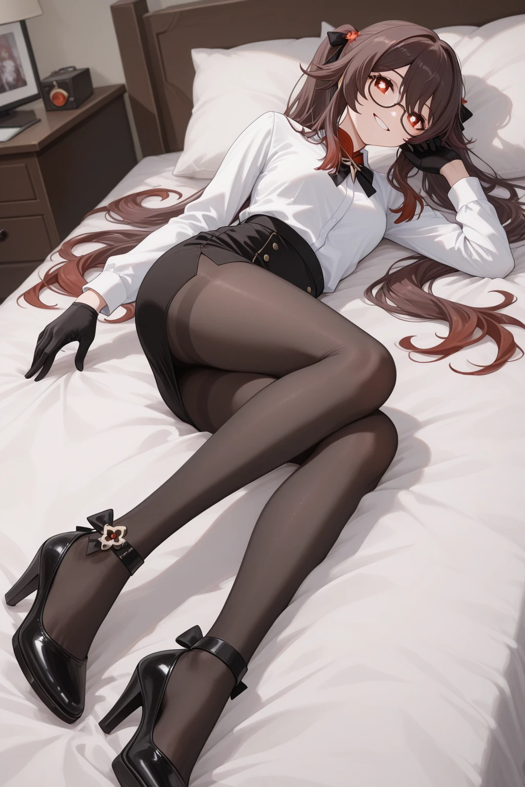 finest, masterpiece, High resolution, (Full body view from head to toe), Composition from slightly below the front, Symmetrical, 18 years old, slim and beautiful girl, alone, (small breasts), (not wearing shoes),Unkempt brown hair, bangs, (black tights), (black pantyhose), (Pose with legs spread on the bed), tied up with both arms hidden behind the back, (Composition showing white panties), (her legs spread、I can see white panties.), blush, shy big eyes, looking at camera, blazer uniform, plaid pleated skirt