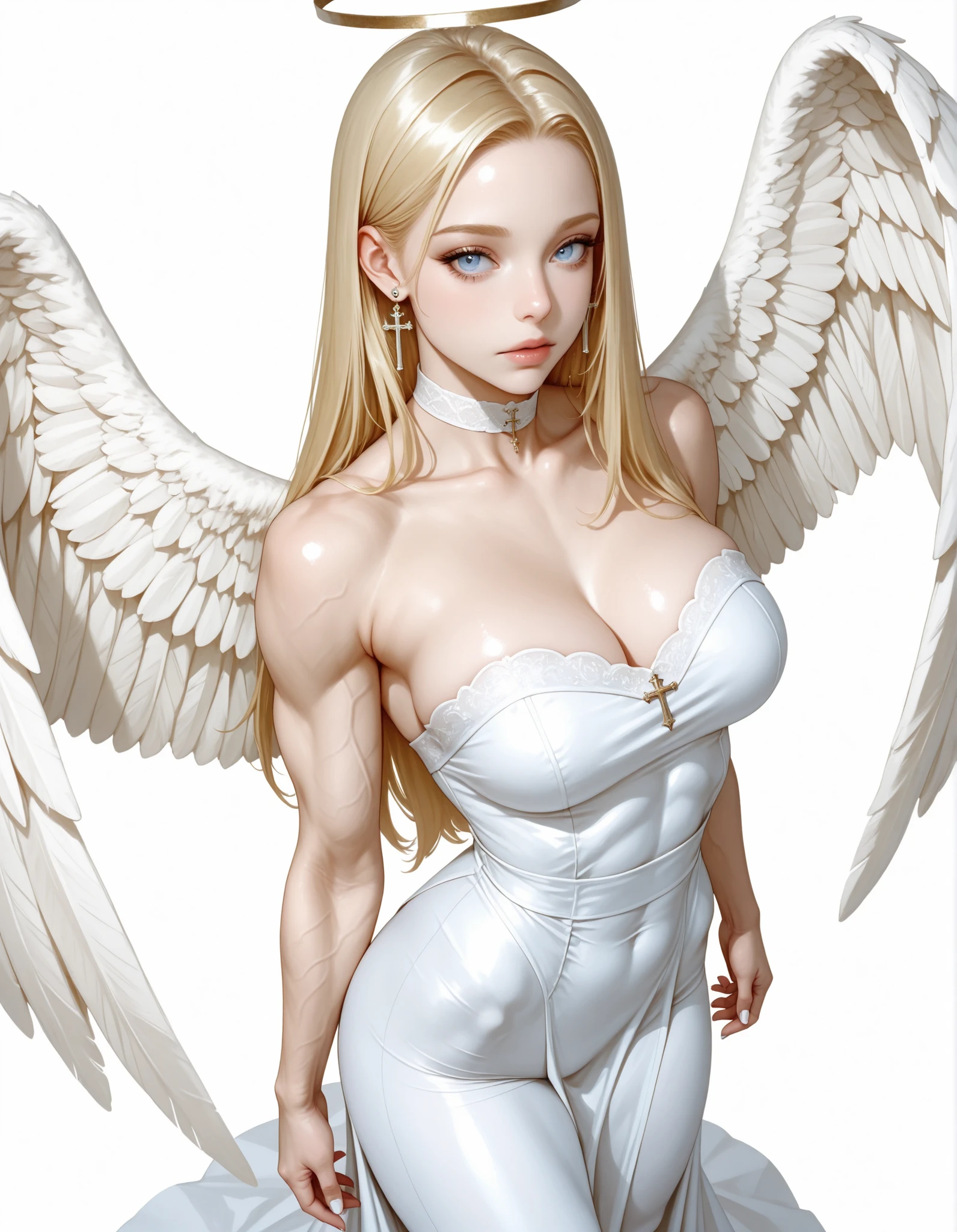 Long yellow hair blue eyes perfect face mature and responsible serious angel wings