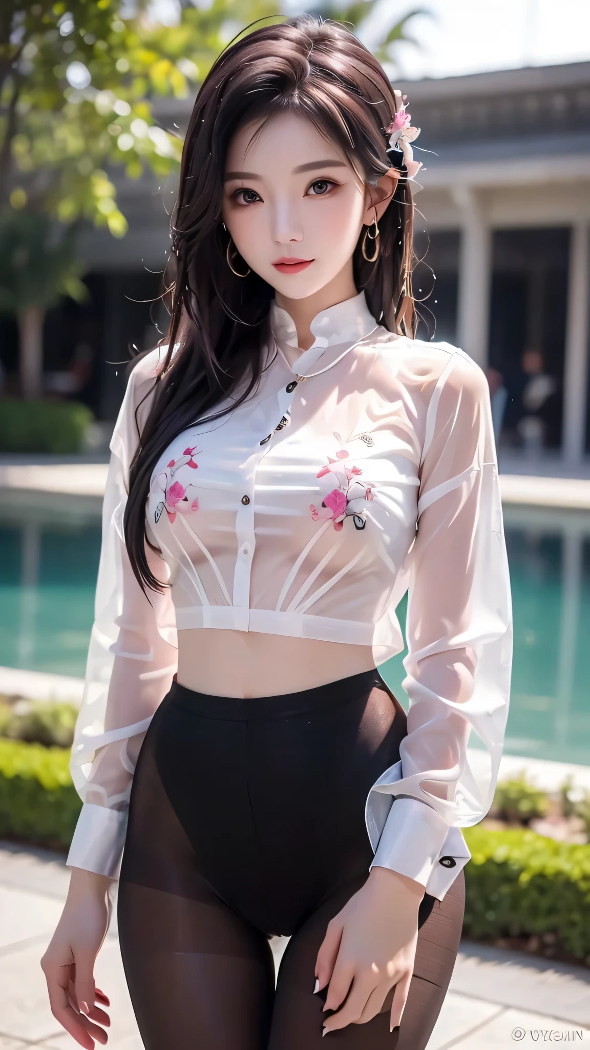 (masterpiece, realistic, high resolution), ((1 girl): 1.2), Chinese, ((black wavy hair): 1.3), (best quality detail: 1.2), (sexy beautiful legs: 1.2), realistic, 8K HD, super detailed, high quality texture, complex details, detailed texture, fine details, high detail, very detailed cg, delicate beautiful delicate face, (delicate beautiful delicate eyes: 1.32), (heterochromic eyes: 1.1, thick eyebrows), (a beautiful 25 year old cute Chinese beauty: 1.4), tie, (white transparent shirt, white transparent shorts: 1.3), ((medium breasts): 1.3, thighs), outdoors, blue sky and white clouds, upper body naked