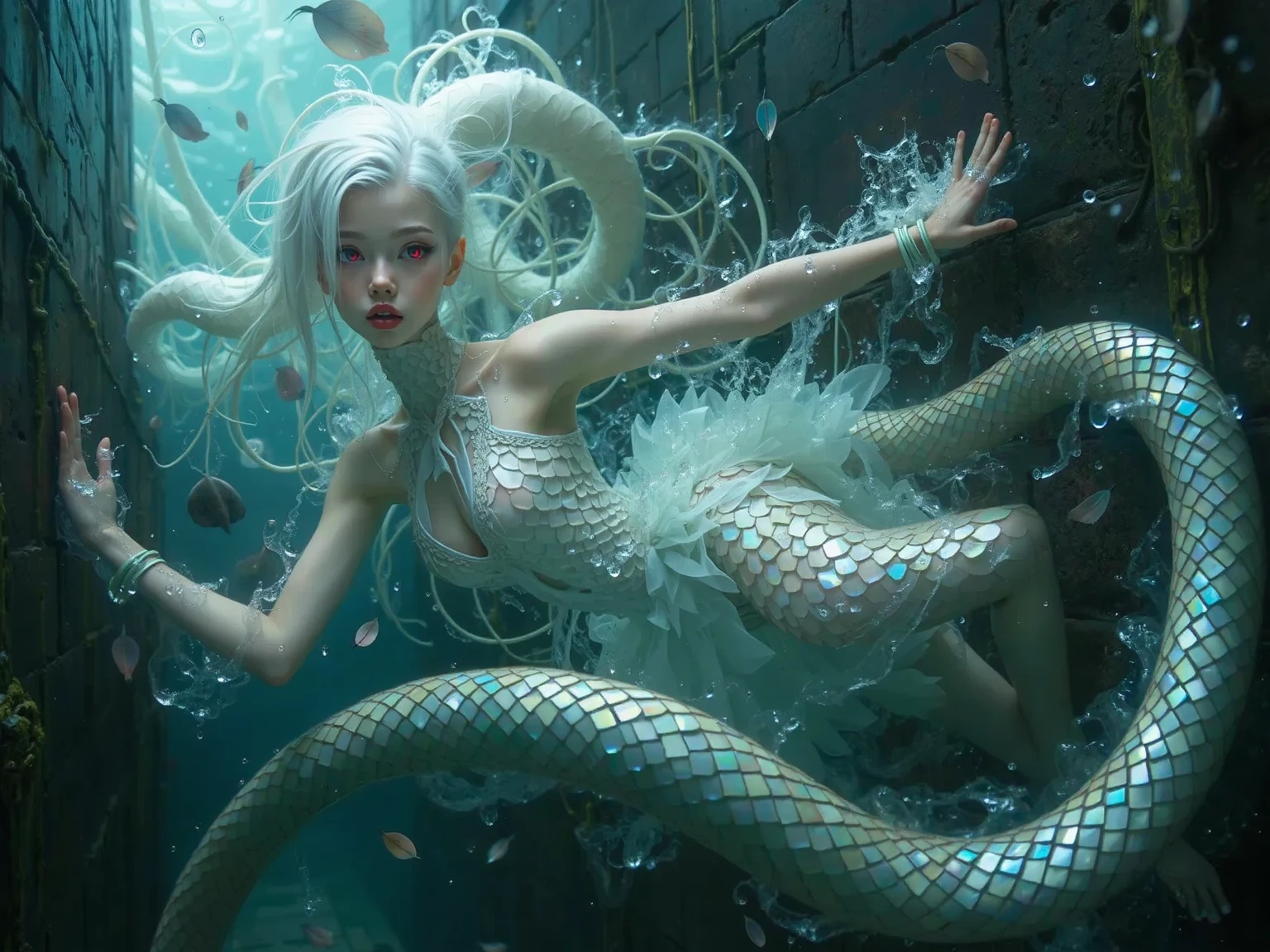 An ancient sea creature with an elongated body covered in shimmering scales that reflect a soft blue light. It has four thin, elegant tentacles that float gracefully around it. Its large eyes are round and expressive, with a kind glow that contrasts with the dark tone of its skin. Its skin is a deep blue, almost black, with touches of glow at the tips of the tentacles and on its back, as if it were bioluminescent.

Its face is gentle and curious, with small details such as subtle fins behind its ears and thin gills that are barely visible. It is surrounded by a light aquatic aura, with bubbles rising around it, creating an underwater effect. Although it is a creature of the deep, its light smile and large eyes convey a sense of friendliness and friendliness, making it captivating, even in the midst of a somber atmosphere.

It moves fluidly, almost as if it were dancing, and has a curious posture, tilting its head slightly, as if it were always interested in what it sees.