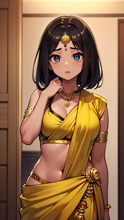 Sexy woman, black hair tied in a bun, smokey eyes, eyeliner, blushing intensely, fairest skin, plump face, soft lips, gold blouse, white saree with gold borders, pinned against a wall