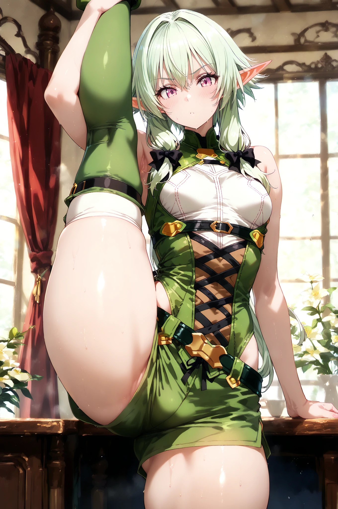 highest quality, one person,Tabletop, 超A high resolution, Ryu Lion, Green shorts, Green Boots, White shirt, Green Cape,anime maid,nsfw,(leg lift, leg up, arm support:1.2),flexible,standing on one leg,standing split,(cameltoe:1.4)