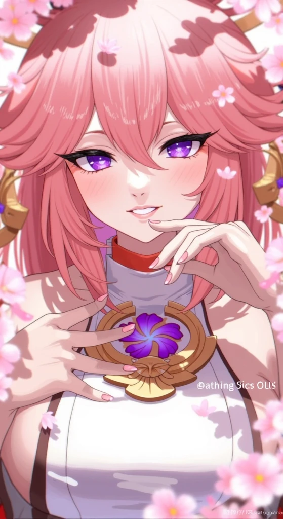 (ultra-detailed background, detailed background), absurdres, highres, ultra detailed, extremly detailed, 1girl, yae miko, pink hair, purple eyes, (bunch of flowers:1.3), (zentangle:1.2), (geometric:1.2),(colorful),