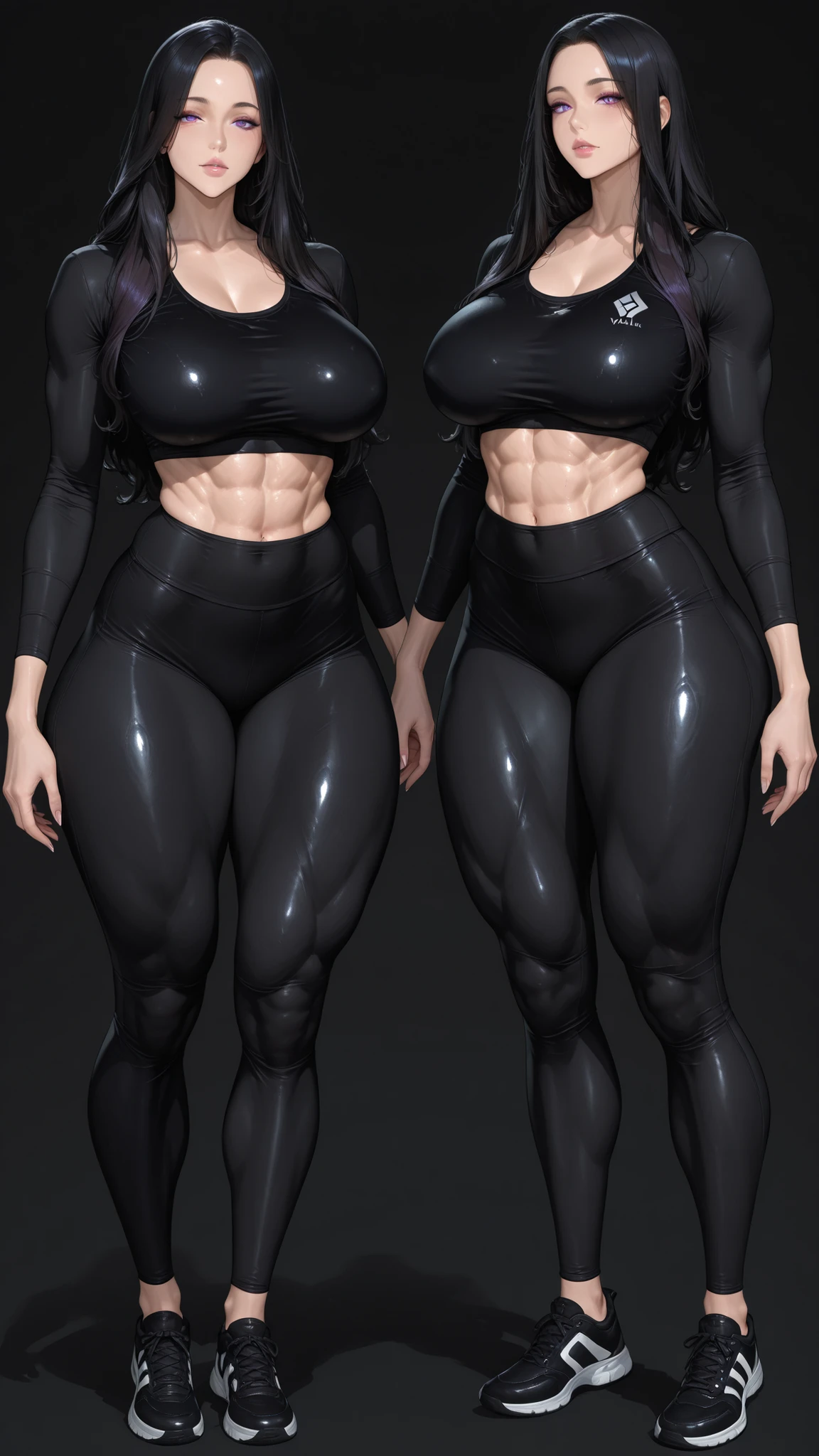 (Muscular:1.8), (thick thighs:1), (large round breasts:1), (large muscular chest and shoulders:1.4), FEMALE, brown hair, long brown hair, (big smile:0), (tight slim silver bodysuit and high heels:1.5), looking at viewer, (three quarter view:1.3), upper body view, (lab:1.5), dark lighting, detailed skin, detailed eyes, (dark skin:1.2), (very thin waist:1.6), (huge round muscles:1.5), (one protagonist:1.5), (tall:1.6),