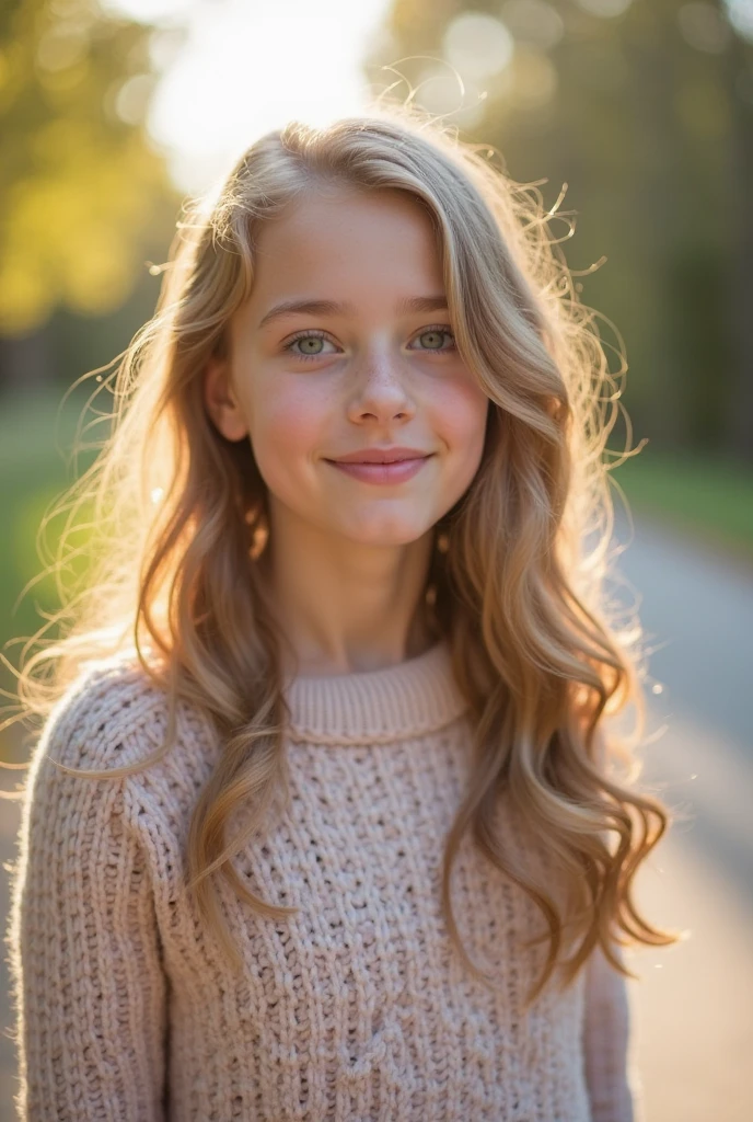 upper body portrait of a young teenage girl, hazel eyes, embarrassed smile, light autumn jacket, scarf, senior pictures, long hair blowing in the wind