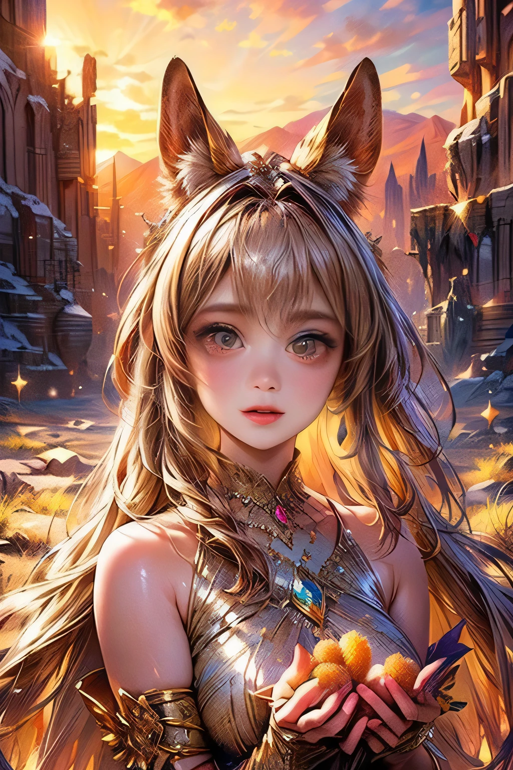 a cute fennec fox girl in the desert, desert princess, all fours, holding a fennec fox, extremely detailed and realistic, large fluffy ears, beautiful detailed eyes, beautiful detailed face, beautiful detailed lips, porcelain skin, flowing hair, elegant ornate dress, mystical desert landscape, golden hour lighting, cinematic composition, vibrant colors, richly detailed, photorealistic, 8k, best quality