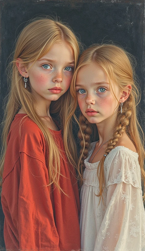 GIRLS VAMPIRE CHILDREN, RED EYES. And BRAIDED BLONDE HAIR, RED BACKGROUND.
