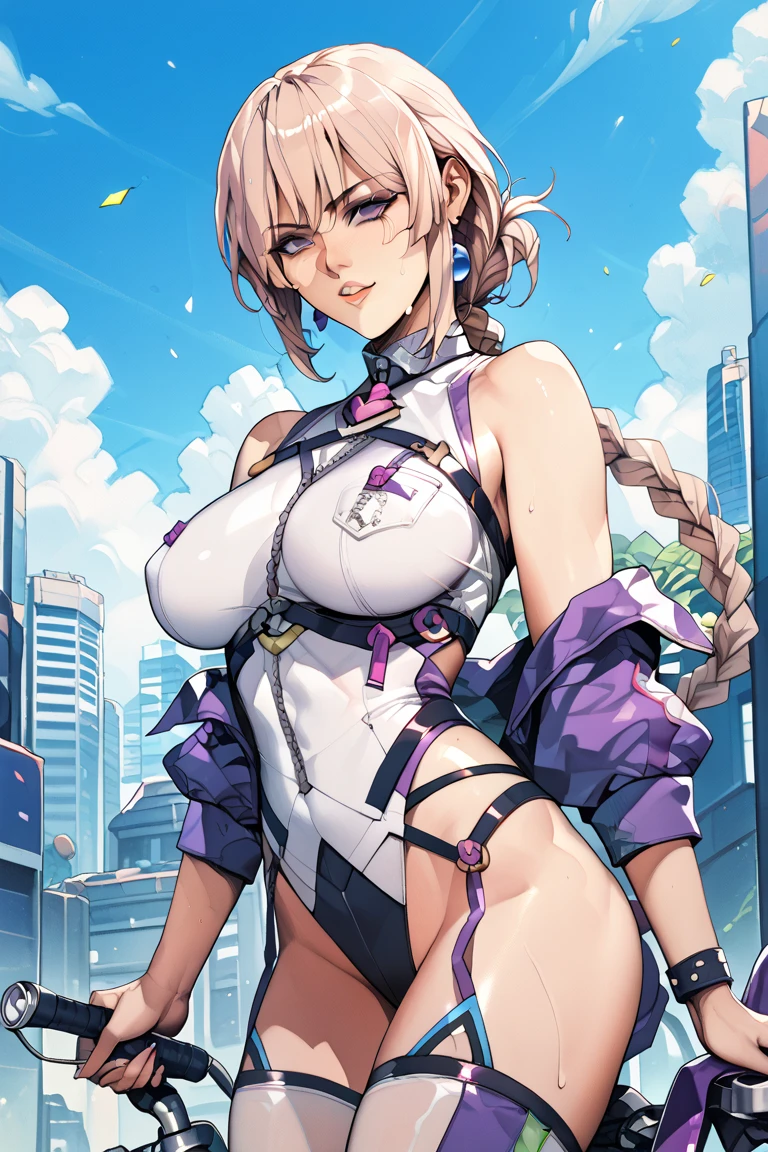 best quality, masterprice, 1girl, (solo:1.1), raytracing, ultra detailed,detailed face, 8k wallpaper, large breasts, smile, wide hips, outdoor, standing, outdoor, DeltaNDV, long hair, animal ears, purple eyes, bangs, wolf ears, looking at viewer, wolf tail, bodysuit, tight clothes, stomach, from front