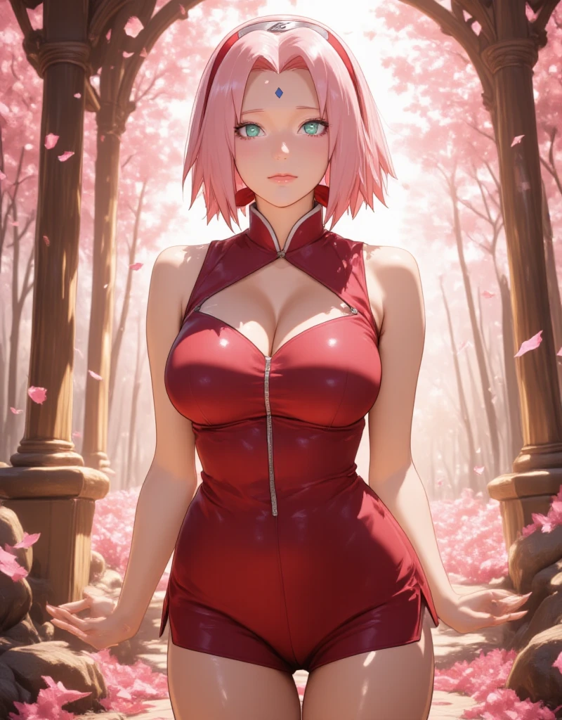 Realistic, Photorealistic,cowboy shot,masterpiece, absurdres, (colorful), 1girl, haruno sakura, forehead mark, red hairband, detailed chinesse mini dress, navel, groin, bracelet, looking at viewer, flushed face, smile, cherry blossoms, private garden, wind, floating hair, large breast, (((wide hips))), toned body, detailed eyes, dynamic pose,