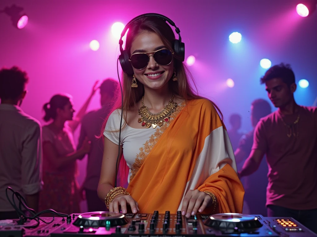 a dj plays on the dj's desk, headphones on her head, RAW, photography, (masterpiece) a full-body portrait of a beautiful Indian woman, 21 years old, listening to music, (((dancing))), smiling, happy face, detailed facial features, realistic eyes, vibrating with music, ((golden psychedelic pattern clothing)), strong body, nice abs, abstract tattoos, at the background music festival with people dancing, warm colors, colored lights, lens brightness, light leaks, ((photorealistic)), ((hyperrealistic)), (skin pores), highly detailed, sharp focus, 8K, ultra quality, UHD, crystalline, (((incredibly beautiful)), extremely detailed, highly detailed skin, cinematic lighting, wide angle, amazing fine details, Kodak, Canon 5d, rich colors, realistic texture, dramatic lighting, dynamic composition.