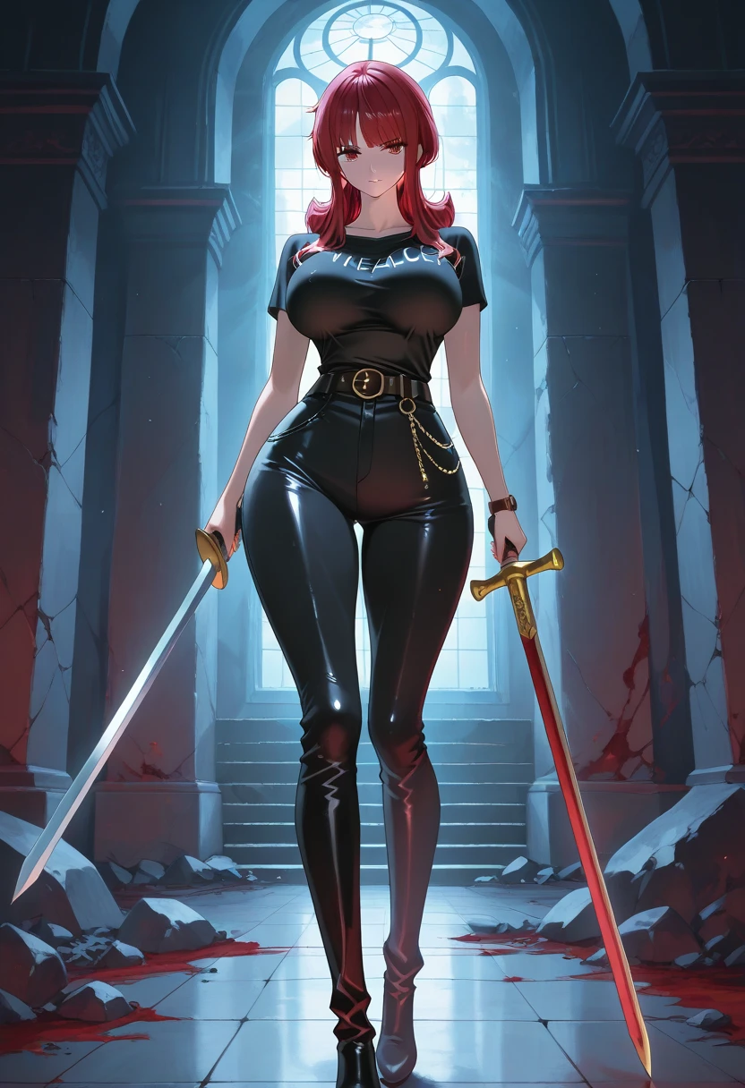 I want you to draw the whole body of the following person from head to toe.。A villain with a ladylike, arrogant air.。Red hair、Her chest is open and her breasts are large, with the lace of her bra visible.、shoulders are exposed、Arms are muscular。There is a slit in the waist part.、Her legs are plump, wearing a black skirt, garter belts, and leather boots.。In his right hand he holds a sword as a weapon.。Face contorted in pain、Draw a picture of someone fighting while sweating all over.。