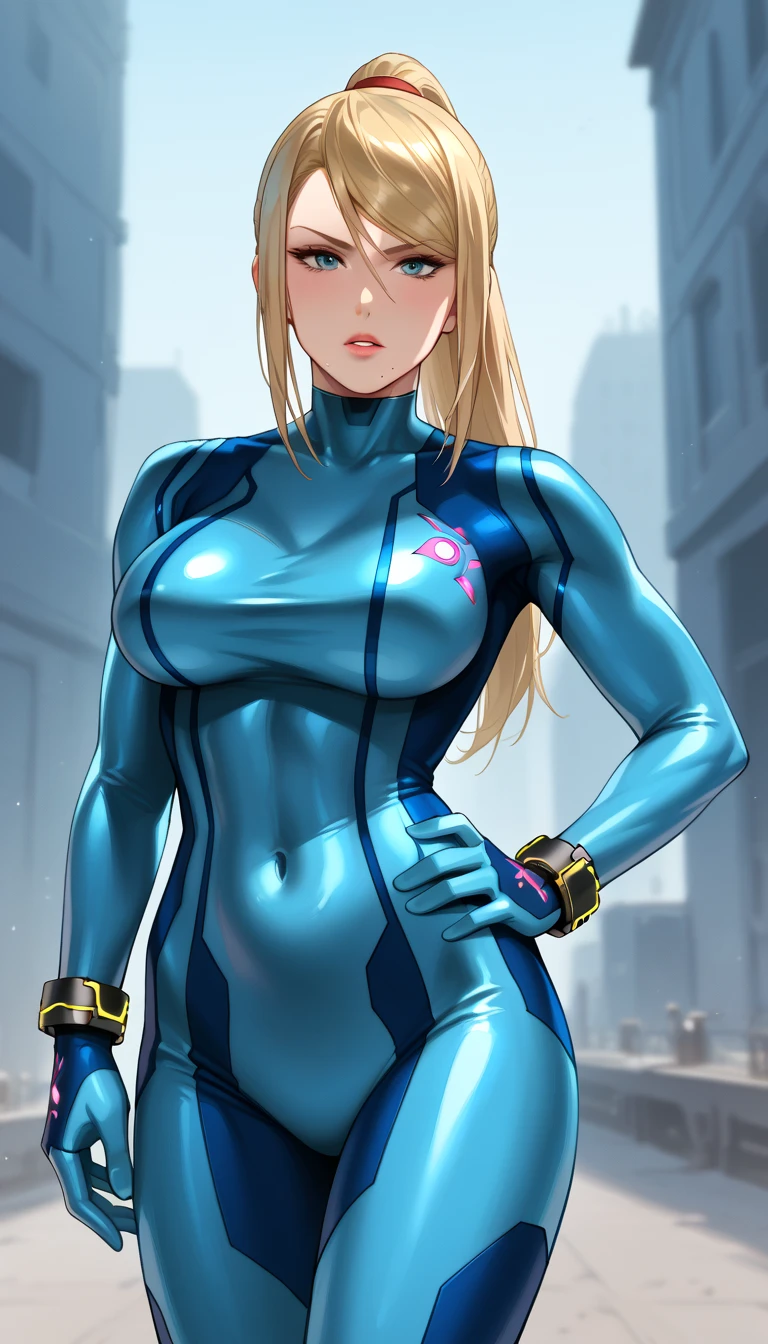 (anime,masterpiece, top quality, best quality,beautiful and aesthetic:1.2,professional illustrasion:1.1,ultra detail:1.3, official art, professional illustrasion, Ultra-detailed depiction, Ultra-precise depiction, extremely detailed 8k illustration, highres, ultra detailed painting, soft shadows), (girl), samus aran \(cosplay\), cool beauty, milf, glossy, (golden long hair), (ponytail), big breasts, perfect body, pubic hair, blue samus aran suit,