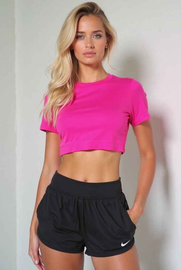 ((best qualityer)), ((work of art)), (detailded), 1 girl, in gym, Portrait of a BRAZILIAN woman, PINK NIKE SHIRT, BIG NIKE ON SHIRT, sexy looking with long flowing hair, hazel eyes, with LEGGING PANTS, tennis therefore, perfect composition, hyper realist, Super detailded, 8K, high qualiy, trending art, trends on artstation, sharp focus, studio photo, details Intricate, altamente detailded, art by greg rutkowski, without jewelry, sketch, SIDE camera, focusing on THE MIRROR, doing exercise