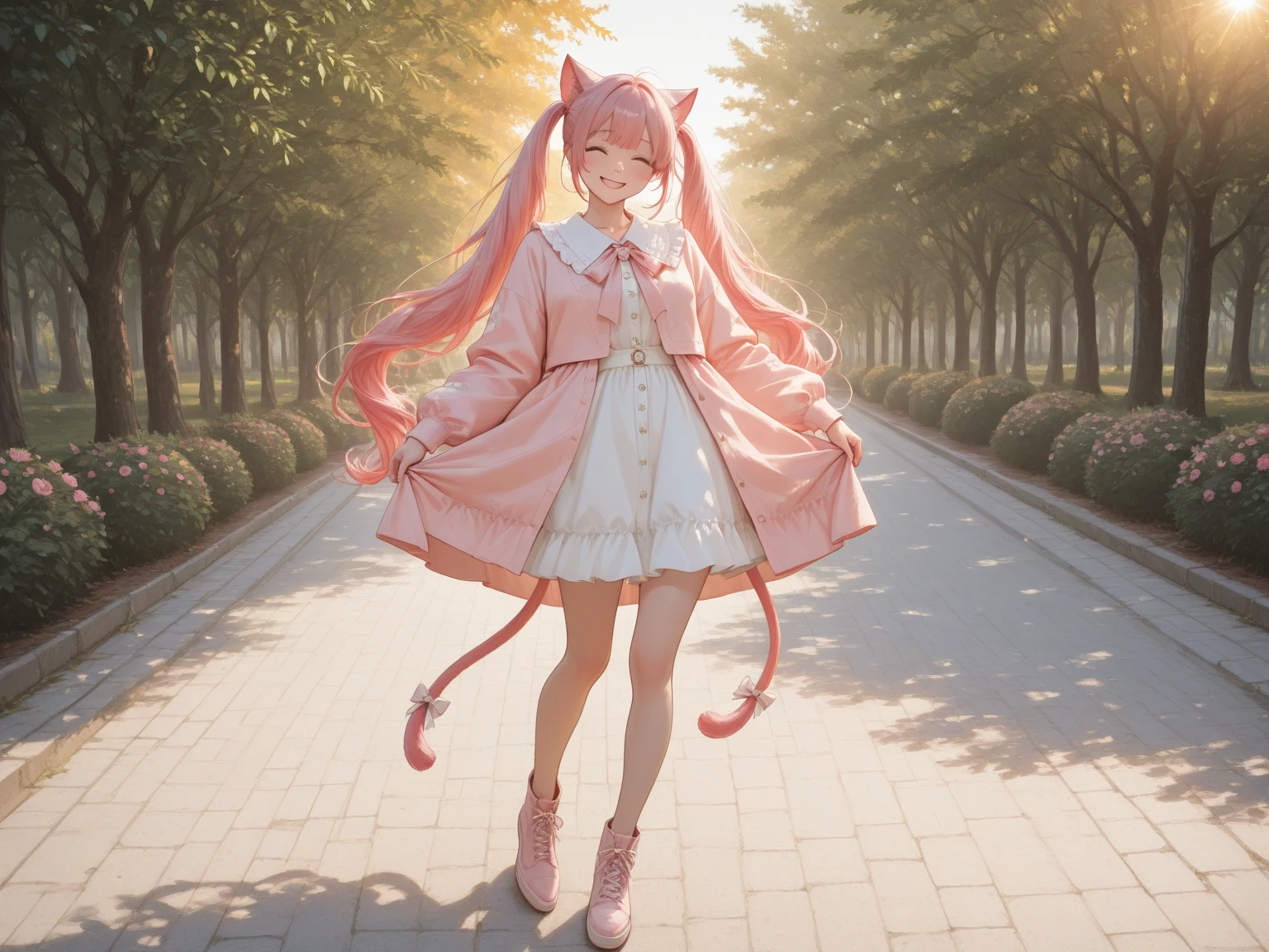 Cat ear Madoka Magica Cute girl Pink hair Full body standing Smile
