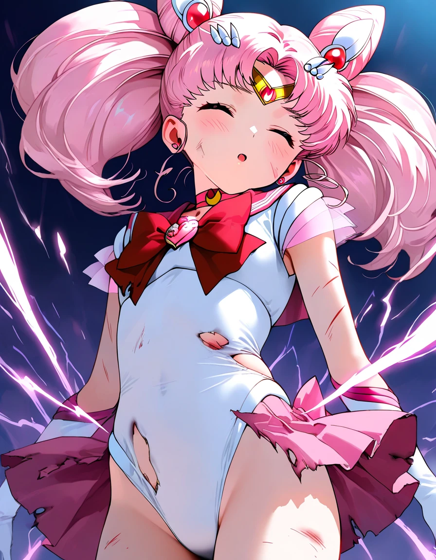 head to thigh, falling, from below, perfect anatomy, white underwear, pink clothes, sailormoon, close up, closed eyes, sad, annoying, despair, tearing up, tired, :o, bleed, dirty, torn clothes, detailed background