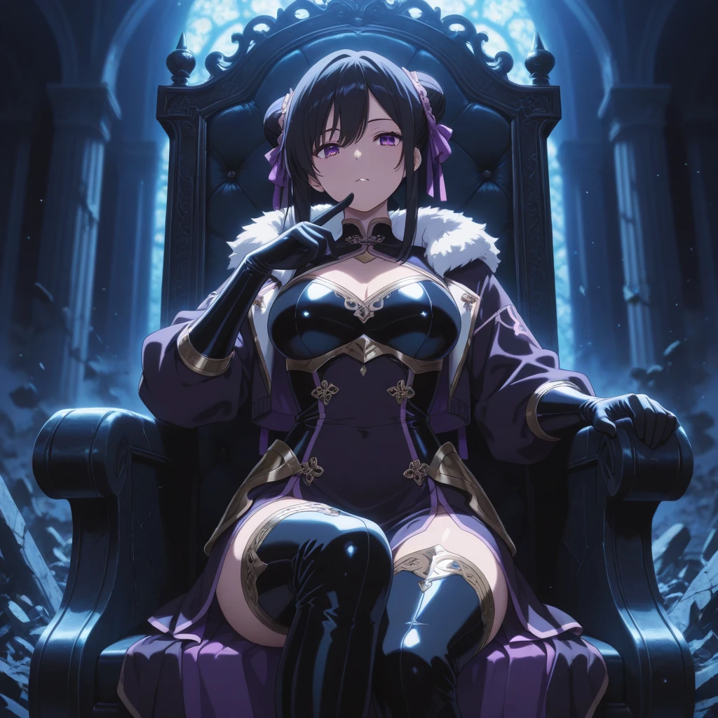(masterpiece, best quality, detailed), 1girl, solo, looking at viewer, shima rin,hair bun, sidelocks, bangs,
king, cape, fur-trimmed cape, armor, gold, crown, gem, jewelry, white gloves, indoors, window, curtains, armchair, lamp, vase, tile floor, leaning forward, hanging breasts, smile, closed mouth