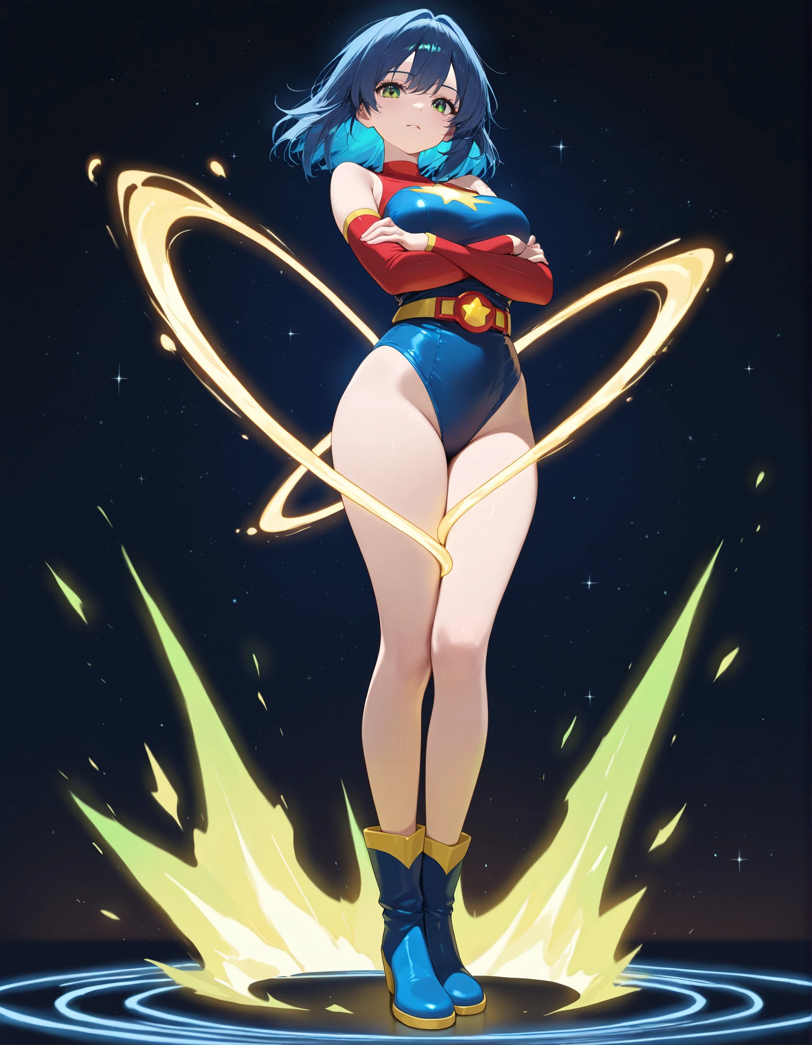 upper body, 1girl, superhero, leotard, bare legs, boots, matching boots, medium breasts, light particles, aura, blue aura, stand, standing, highleg, space backdrop, hand on hip,