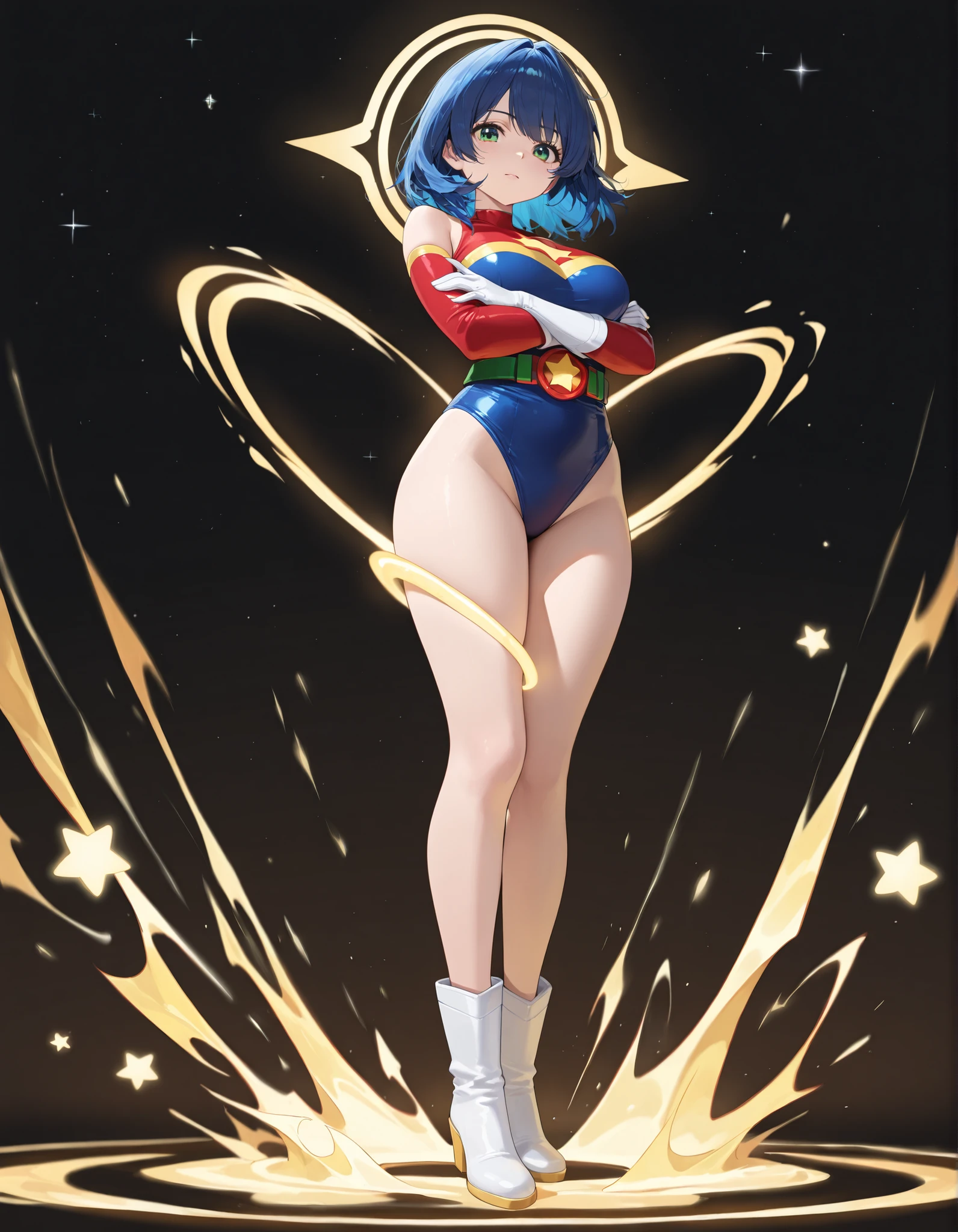 ((masterpiece)). ((best quality)), ((highres)), 1girl, solo, short hair, brown hair, purple eyes, (full body), standing, hands on hip, (sleeveless white and red leotard with yellow accents and star emblem embedded in chest area), (matching white gloves), ((bare legs)), superhero, tokyo city backdrop, matching boots, medium breasts, 20 age,