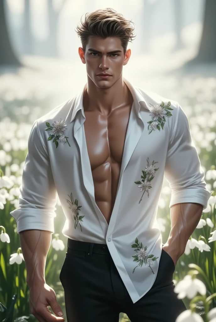 1 man, (male model) hot skin, masterpiece, best quality, most handsome man in the world, by Shen Quan, perfect body, beautiful male model, an attractive man 18-24 years old aesthetic, blossoms in spring, green fields, spring, plains, trees, flowers, blue sky, rough and handsome young man in white transparent robe, white transparent fabric, shirtless jacket shoulders, exposed chest muscles, exposed thighs, ((exposed transparent white briefs)), (male focus), (smooth body)), smile, super cute, dynamic pose, cool and seductive, dramatic lighting, full body shot, full body shoot, young face, full body, body hairless, skinny tall, fit body, dominant, white or white skin, young face, firm body, hd, natural flesh tone, soft light, highly detailed, looking at the audience, photography, detailed skin, real person, realistic, photorealistic realistic, crazy detail, facial detail, hype maximization, hype surrealism, film, telephoto, lighting complex detail , Highly detailed, Highly detailed, Digital painting, artstation, concept art, smooth, sharp focus, illustration, Unreal Engine 5, 8K, art by Ross Tran and Greg Rutkowski and Alphonse Mucha, UHD, 8k, Show men only .8k Ultra HD, DSLR, dim lighting, high quality, film grain, Fujifilm XT3, male fan, 2-person, two-person model.