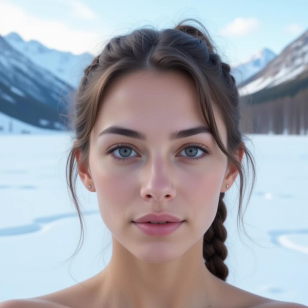 best ratio four finger and one thumb, attractive stunning Ukrainian woman, (messy bun),  skin pores, behind glacial mountains, snow, (high detailed skin:1.1), film grain, Fujifilm XT3, (high detailed face:1.1), (soothing tones:1.25), (hdr:1.25), (artstation:1.2), dramatic, (intricate details:1.14), (hyperrealistic 3d render:1.16), (filmic:0.55), (rutkowski:1.1), (faded:1.3), ((partially exposed nipples))