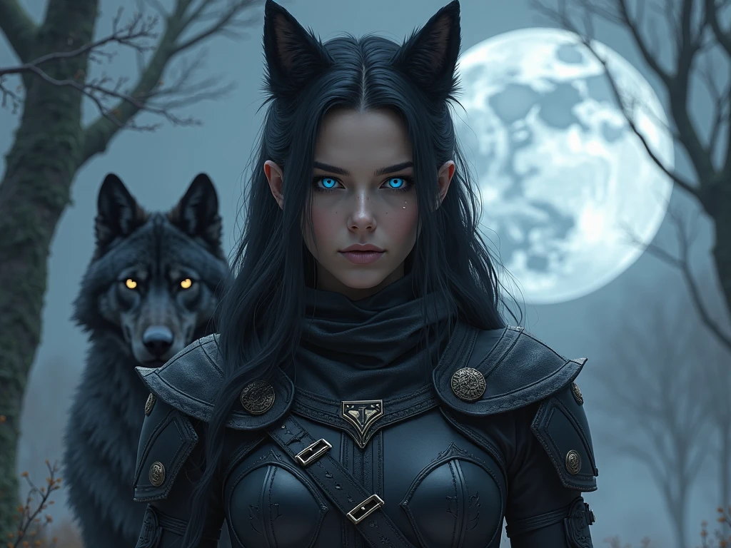 In a secluded jungle, a young girl stands in the lake, white skin, revealing a bare dress, behind it there is a giant wolf, bright eyes, shining with a ghostly light, looking at the audience, dim light, illustration, UHD, 4K surreal, tense, cold, highly detailed, sharp focus, professional, 8k UHD, film, dark, violent, outdoor, battle scenes, dramatic, horror atmosphere, rendering, epic, twilight, HDR, album cover, blizzard, lightning, Catastrophic, 820 pixels wide x 312 pixels high, semi-black background, landscape view, away portrait view, entire head, battle scene, scar on the right side of face, furry, realistic wolf, rain, lighting, face and chest facing the audience, good chin, blue eyes --auto --s2