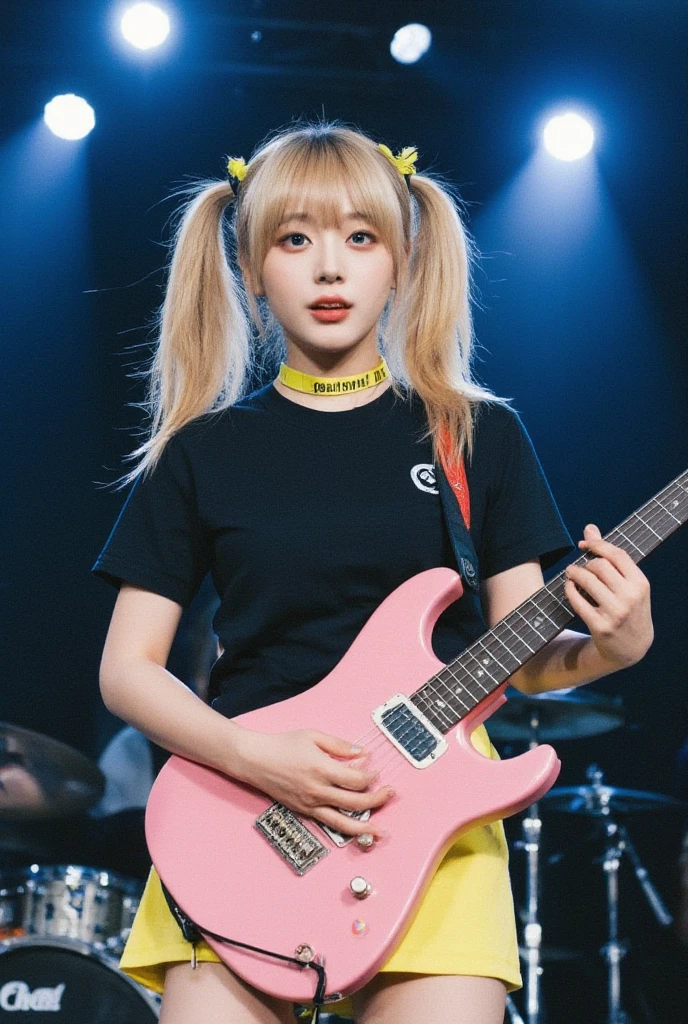 Beautiful anime watercolor painting of a girl, Burmese girl, playing ((a red electric Guitar)), stage background, trending on artstation, 8k, masterpiece, fine detail, full of color, intricate detail, golden ratio illustration, (acmm ls outfit, wearing acmm top, orange acmm top, long sleeves, wearing acmm long skirt, dark blue acmm long skirt, printed skirt)