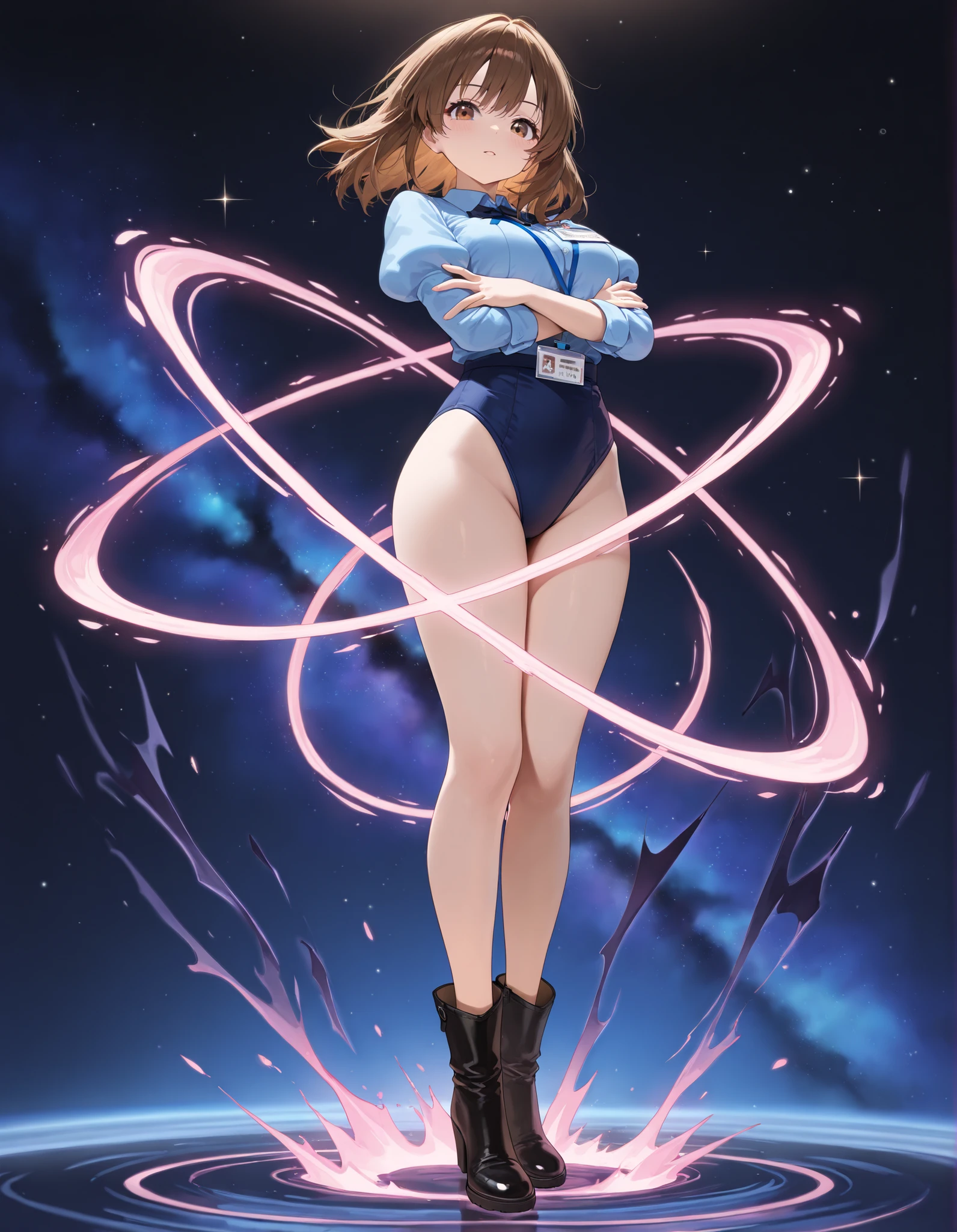 (((pixel-perfect, detail-perfect))), 1girl, superhero, leotard, highleg leotard, bare legs, boots, standing, solo focus, (golden belt), hands on hip, full body shot, outer space, sleeveless, ultra highres, absurdres, beautiful face, detailed eyes, symmetric eyes, perfect body, good proportions, mature lady, brown hair, bob hair, (blue light, light swirls around her body)