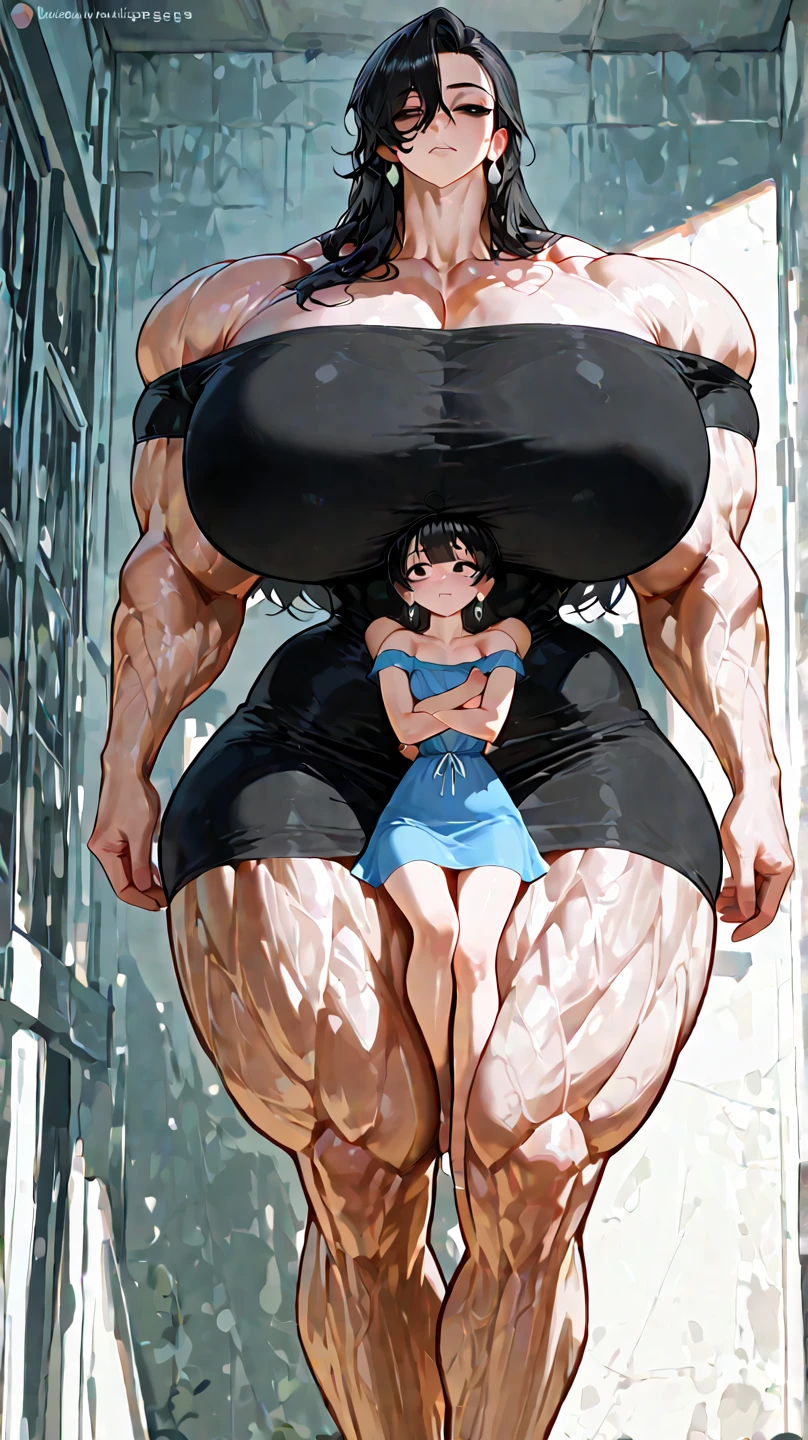 Woman in black bikini and small man in white shirt, weak and small man, thin and small physique, Very beauthful. , ,weak and defenseless man, small physique, , muscular ultraviolent woman, muscular and scary, absurdly huge physique, big muscles, extremely muscular woman,