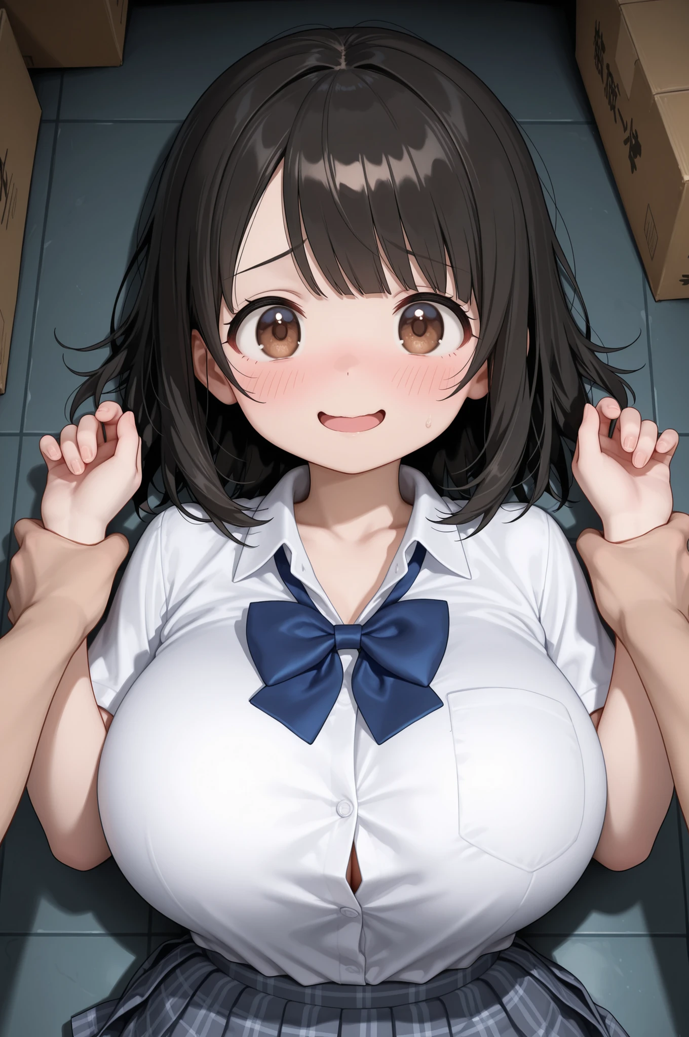 (flat chest:1.1),bra lift,pov,paizuri,1boy,hetero,1girl,{{{nipple}}},{{{nipple}}},{{{nipple}}},{{{nipple}}},{{{nipple}}},{{{nipple}}},nipple slip from bra,
 (1girl), (solo),  minami kotori, long hair, yellow eyes, bangs, hair bow, green bow
,BREAK,
gyaru, shirt, plaid, bow, blush, white shirt, hair ornament, nail polish, plaid skirt, bowtie, pleated skirt, clevage
,BREAK,vertical stripes,panty,bra,fine under wear,(((vertical stripes bra))),
,BREAK,
{{{troubled face:2.0}}}, troubled face,smile, open mouth, looking down at viewer
,show off nipple,,nipple slip from bra,
,BREAK,(best quality,masterpiece:1.3),absurdres,highres,8k, ultra high res, official art,illustration,extremely detailed,masterpiece, Best Quality, , absurderes, Perfect Skin, Detailed skin texture, ultra-detailliert, 8K, Intricate details, beautifull detailed face,hight resolution,looking down at viewer,
from front,upper body,shaded face,
cum in breast