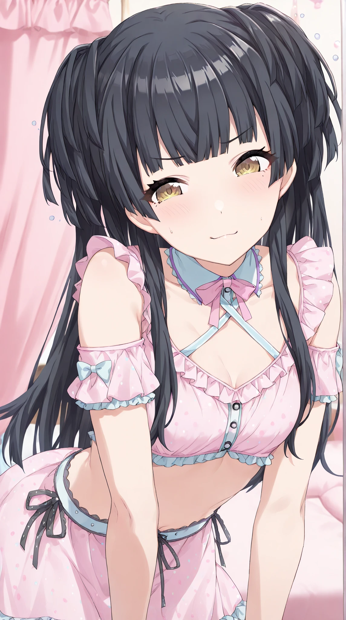 Hands behind back,Tied up with hands behind back,front view,1girl,Beautiful girl at 13 years old,Japanese,Slender,small breasts,Baby Face,Small face,Black Hair,Row Twin Tails,Gray Eyes,Drooping eyes,middle School girls,Sheer black and pink negligee,Sexy Lingerie,open mouth,tongue out,front face,Kneeling,Put your chin forward,Beautiful and detailed anime art,A mischievous smile,front view,high angle, looking at viewer, looking ahead, from above,face focus,Sexy vibe,cum on tongue,Dimly lit room,On the bed,Love Hotel