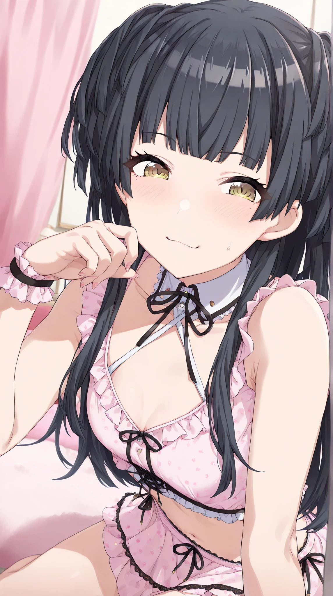 Beautiful girl at 13 years old,Japanese,,,Small and slim,Flat Chest,Small breasts,Baby Face,Small face,Black Hair,Twin tails,Grey Eyes,middle School girls,Sexy negligee,lingerie,open mouth,tongue out,Kneeling and sitting,Beautiful and detailed anime art,A mischievous smile,high angle, looking at viewer, looking ahead, from above,cowboy shot,Sexy vibe,cum on tongue, handjob