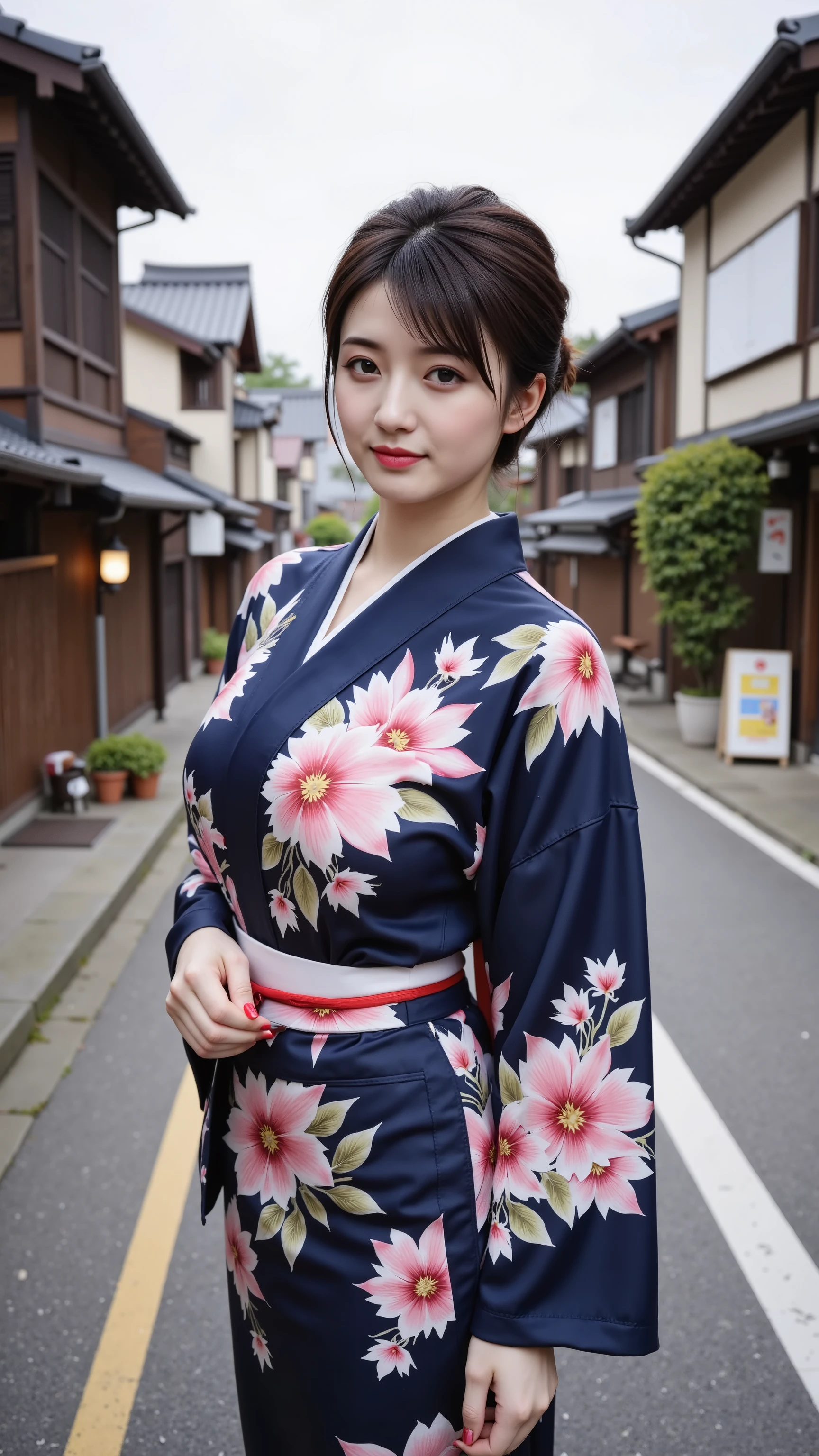 ((Top quality)), ((masterpiece)), ( details), Japanese girl full body high definition image, 顔のdetails, smiling, very beautiful kimono , woman in dark blue and floral kimono。Kyoto Gion cityscape background。