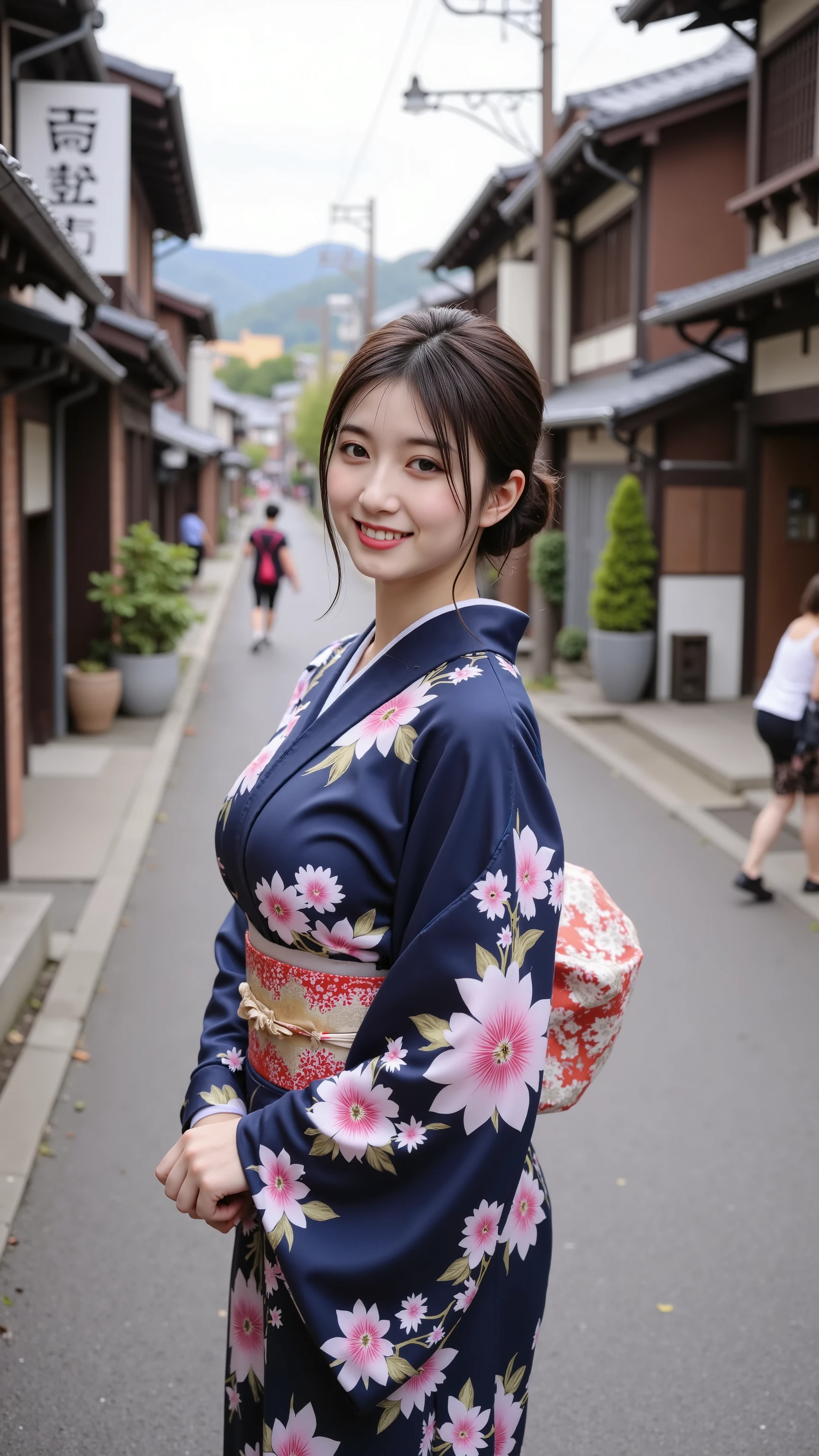 ((Top quality)), ((masterpiece)), ( details), Japanese girl full body high definition image, 顔のdetails, smiling, very beautiful kimono , woman in dark blue and floral kimono。Kyoto Gion cityscape background。