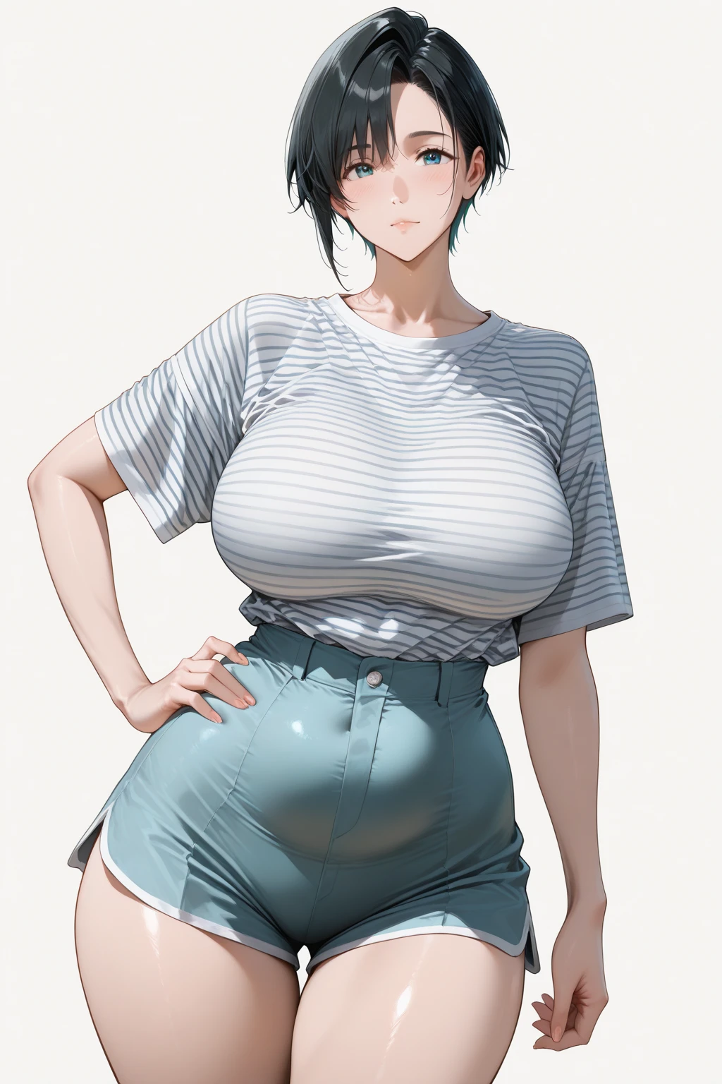 18-year-old,shiny navy hair,short hair,Parted bangs,Yellow Eyes,Large Breasts,Small waist,Big Ass,See-through clothing