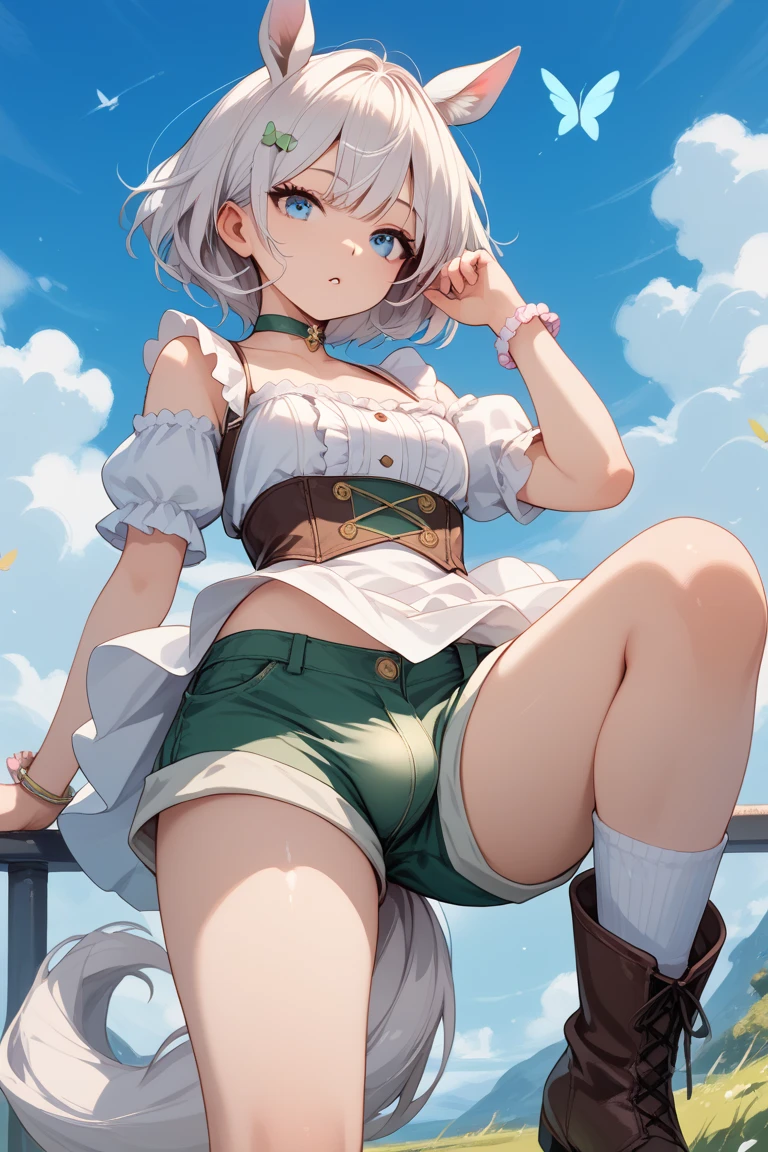 (miniature woman in front of the feet of a giantess: 1.1), (a miniature woman in front of a giantess),  closeup breasts and face, (from below view: 1.2), (medium sized breasts) cleavage, (short white hair with long bangs), (red eyes), (fluffy ears: 1.1), (tan or brown skin: 1.1), muscular,  cute girl, white hair, (medieval fantasy: 1.1), nipples, (fantasy outside: 1.1), (very low angle perspective: 1.2), (foot), barefoot, fields, sitting on ground, plains, (dirty martial art clothing: 1.2), (very skinny and anorexic: 1.1),