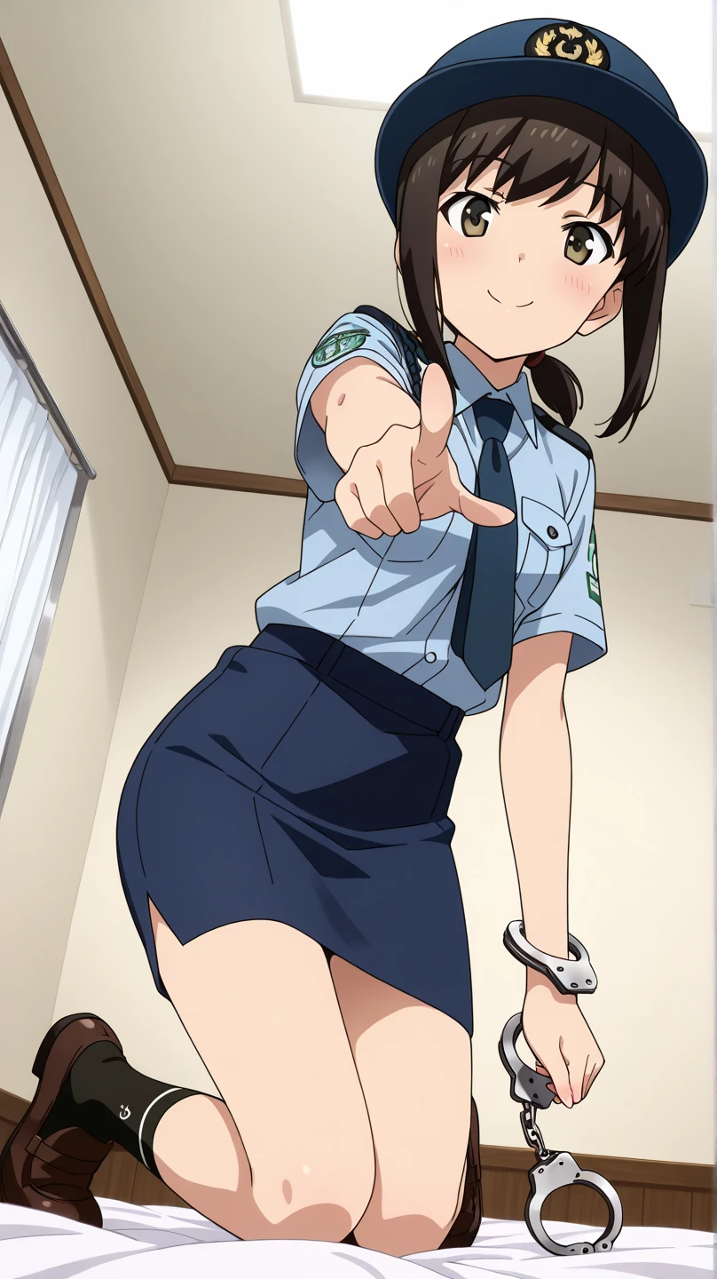 ((Table t○p, highest quality, Hi-Res Lucifer,Anime Screen Capture、Pixel perfect, 8k)))、nsfw、Perfect Anatomy、(((Huge breasts、Wide Hips、Wide ass)))、(((Bobcut、Blunt Bangs)))、(((Jumping、Skirt flipped up by the wind、White Shirt、Black Mini Skirt、Blue striped panties、Skirt flipped up by the wind、Cyber Suit、Has a handgun)))、Sweat, vapor,(Yellow Eyes)、((Black Hair)), V-shaped eyebrows、 ((((smile、blush))))、(In town)