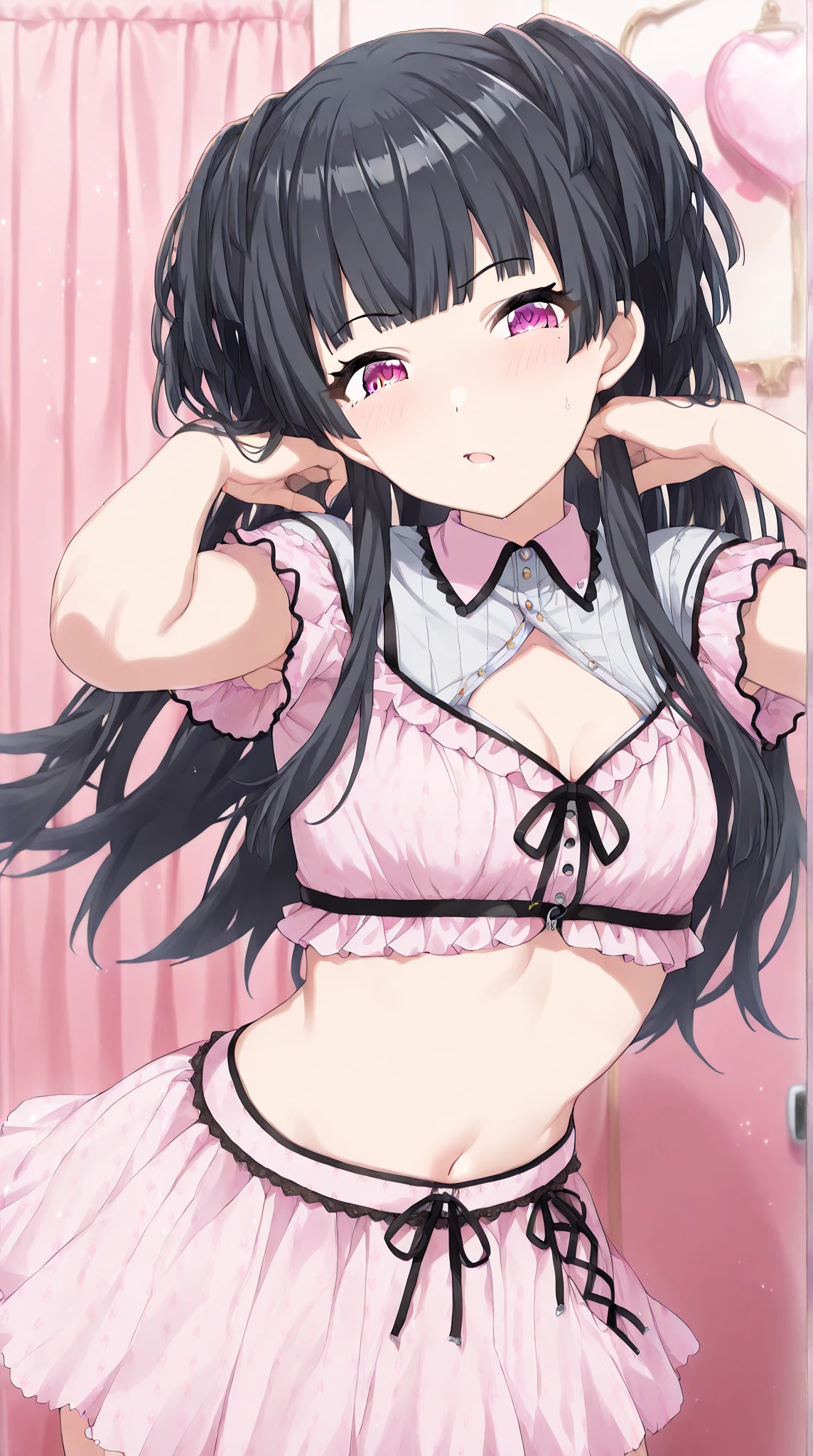 Kneeling,Hands on chest,Put your chin forward,tongue out,front view,cum on tongue,1girl,Beautiful girl at 13 years old,Japanese,Slender,small breasts,Baby Face,Small face,Black Hair,Row Twin Tails,Short Twin Tails,Gray Eyes,Drooping eyes,middle School girls,Sheer black and pink negligee,Sexy Lingerie,open mouth,front face,Beautiful and detailed anime art,Desire expression,Pleading look,front view,high angle, looking at viewer, looking ahead, from above,face focus,Sexy vibe,Simple Background,Black Background,On the bed,Weak pink lighting,