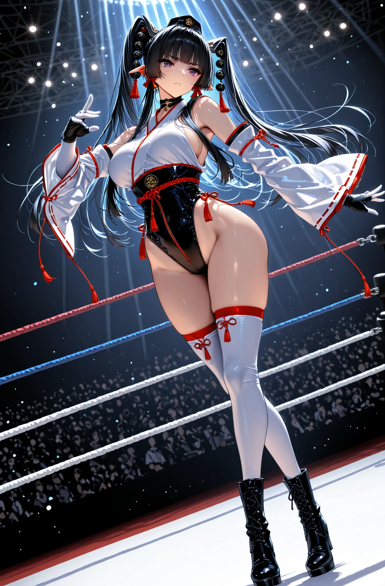 (absurdres, best high quality image, very detailed character and image, carefully detailed textures and pixels, carefully detailed character and image, very detailes features and textures, full body back view)
{{1character: 20 years old japanese girl priestess}, (Black long straight hair, fair skin, asian shaped grey eyes, beauty, beautiful face, beautiful features, big breasts, voluptous body, beautiful legs, serious expression, standing with butt-up), (White skimpy one-piece wrestling leotard, white wrestling boots, white wrestling arm-sleeves, white wrestling elbow pads, red wrestling knee pads, red wrestling gloves), (wrestling gym ring)}}