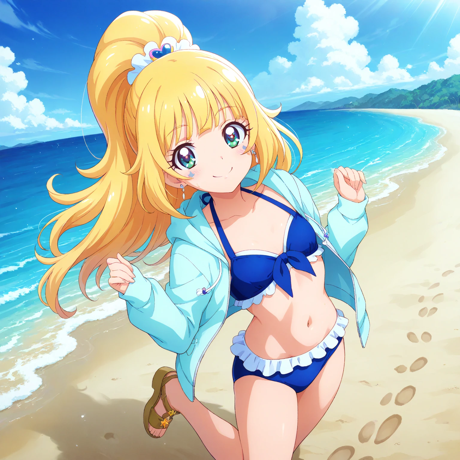 Anime girl playing volleyball with palm tree in the ocean in bikini, Splash art anime Loli, Official artwork, Official anime artwork, Loli, Detailed key anime art, wallpaper anime blue water, high detailed official artwork, high definition anime art, Also, offcial art, High quality anime art, Marin Kitagawa fanart, macross delta splash art, hq artwork
