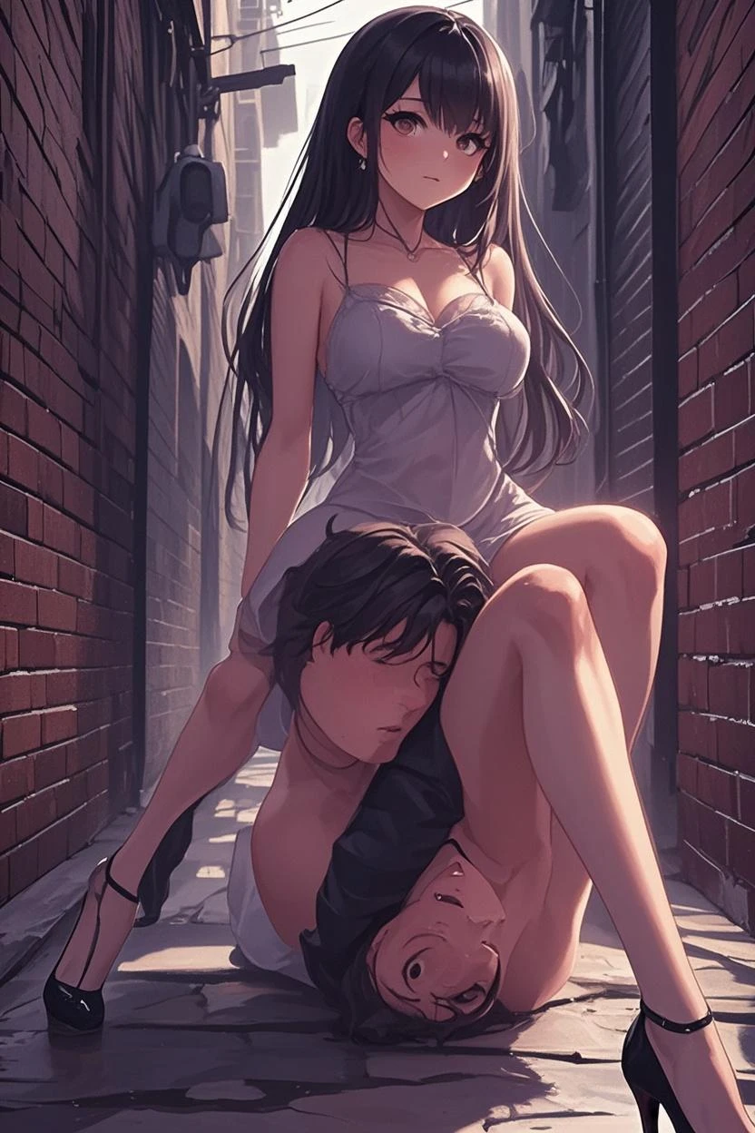 nsfw, (view from direct bottom, lying on her side, mature female, lying on her back, fainting, a little apart legs, Dirty stone floor, Graffiti wall background, photos on ground, full body shot, Alley, night, dark, slim body, closed eyes, bitter tears, closed mouth, ((whipped scars on body, scratched scars on body)), erect nipple, cum on face, cum on hair, cum on body, cum on legs, cum on skirt:1.0), (NUDE, torn pink floral skirt, no underwear, beige Pantyhose, Torn pantyhose, Open cloth, Skirt rolled up, torn skirt, lifted up black bra, torn cloth, White blouse with frills, white high heels), straight long hair, hairs on her face, hairs on her shoulder, black Hair, (Mid-chest, closed eyes:1.0),Round eyes, Drooling, A face with tears, Sad face, (one guy, fellatio, he grabs her head)