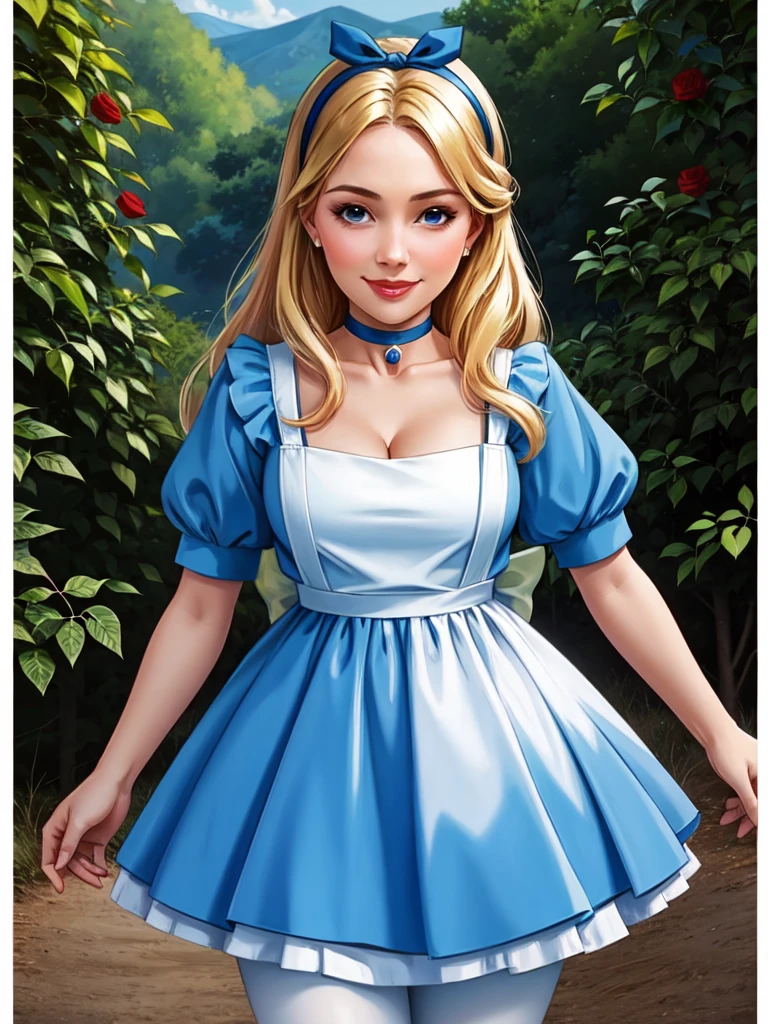 masterpiece, best quality, 1girl, portrait, looking at viewer, flower circlet, medieval ages, princess, blue dress, corset, blue heels, diamond tiara, 26 years old, Scandinavian, very long blonde hair, blue eyes, from above, garden, outdoors, roses, lilys, closed mouth, arms behind back, breasts, smile