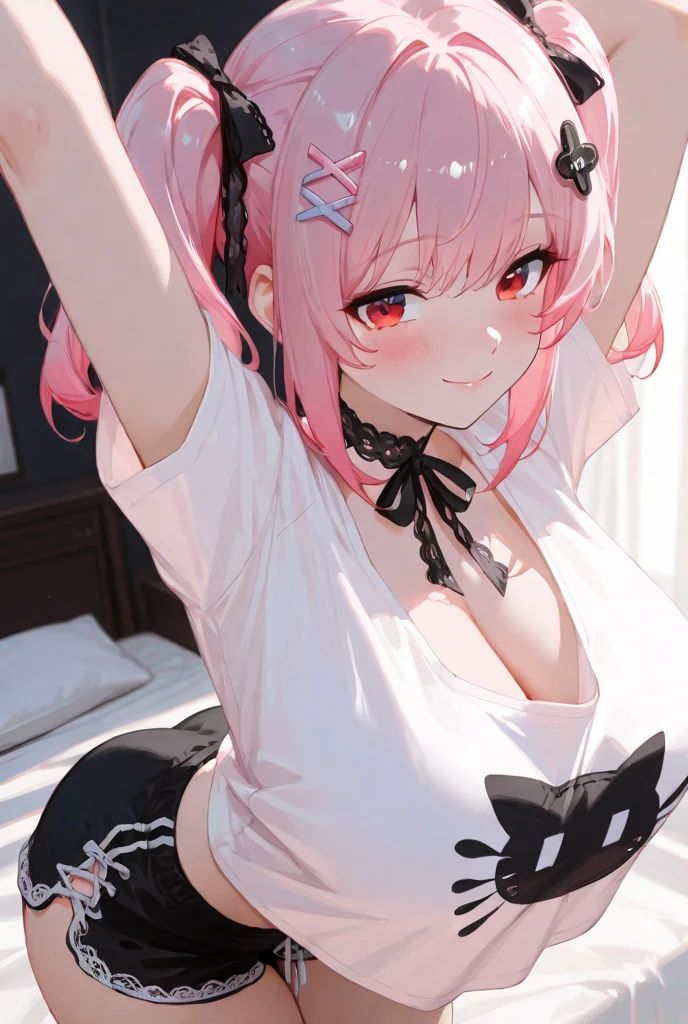 a woman, pink fur, Short shirt, in underwear, sitting in bed, big chest, hd, 4k, la mejor calidad 