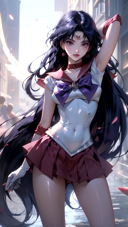 masterpiece, Highest quality, High resolution, tiara, Sailor Warrior Uniforms, White gloves, Red Sailor Collar, Red Skirt, Star Necklace, - Elbow hand pockets, Pleated skirt, Just Play, Purple ribbon, denim photography, Outdoor, Background Blur (85mm lens), front facing camera, Gentle expression, wind blowing hair, fluffy hair, hair ((black)), Pillar of Fire,night