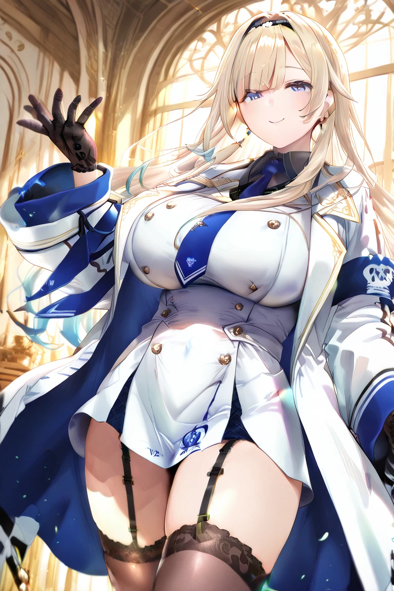 1girl, large breasts, thick thighs, wide hips, blue jacket, yellow eyes, white hair, horizontal stripes, striped bikini, smile, happy, light smile, long hair, open jacket, bikini, 2d, anime style, anime screencap, epaulettes