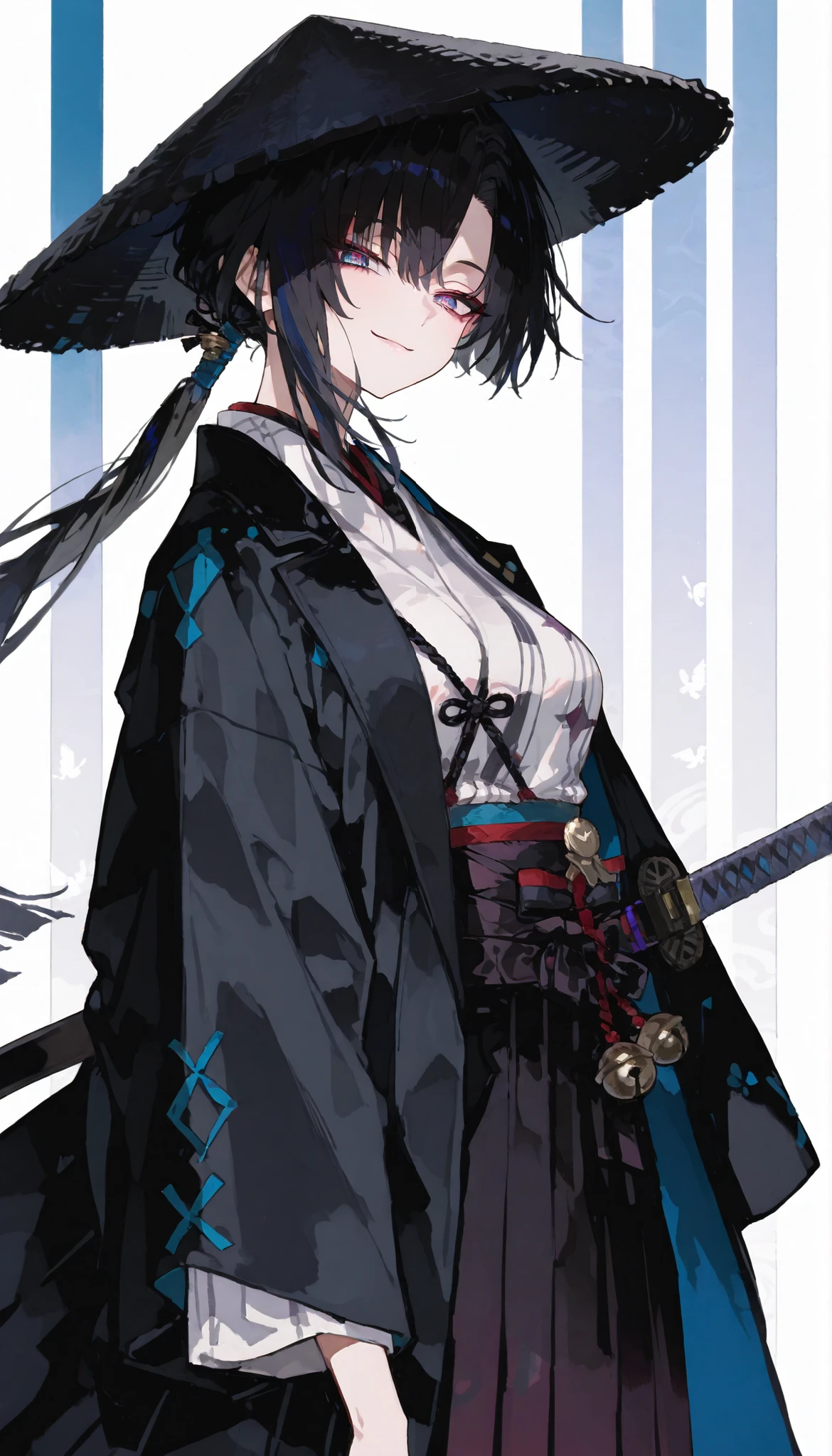 girl, black hair,In pretty blue eyes ,slim,viewer view,fall in love,samurai,long hair,The wind,Upper Body Shape,Big eyes,smile,CLEAN TRANSPARENT WHITE KIMONO,black coat,Medium Breasts,ponytail,ผมsamurai, black Hakama,small bell with hair,winged kimono,black straw hat with attached bell,double katana sword attached to the waist,Hakama, Black Inner Long Sleeve Shirt,tomboy,long legs,High Heeled Dumpling,Appearance,Kasa,Kasa,In multi-layered eyes,side view,Yasuo,Japanese striped background,X shape eye,x-shaped pupils,milf,