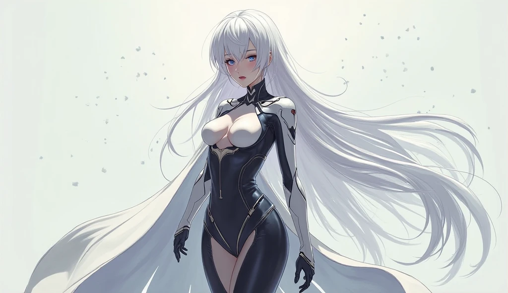 A with pure white straight hair, Dark Skin, Latin, Purple Iris, Delicate eyes, Delicate face, A white bodysuit that shows off your body lines,Light, Voluptuous body,Realistic concept art with strong backLighting