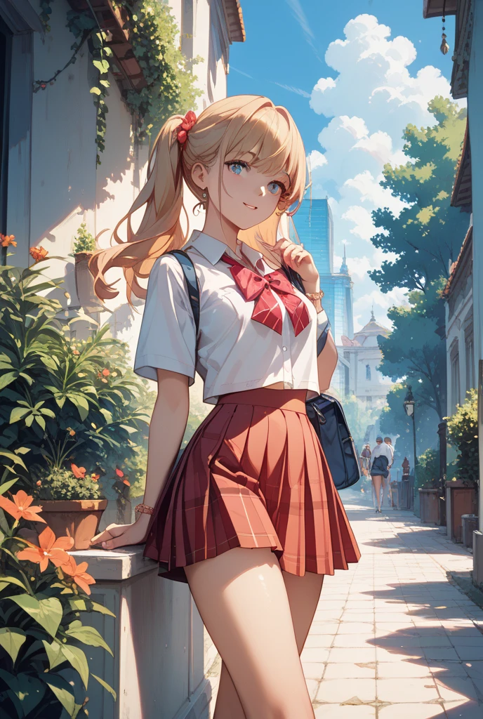 1girl, full body, summer, village, trees, sun, clouds, ((colorful hair)), ponytail, large breasts, button down, blue eyes, ((red, white and green shirt)), ((unbuttoned shirt)), unbuttoning buttons, ((short sleeved shirt)), black mini skirt, brown shoes, grin, looking at the viewer, standing, red, white and green hair ribbon, cleavage, ((golden necklate))