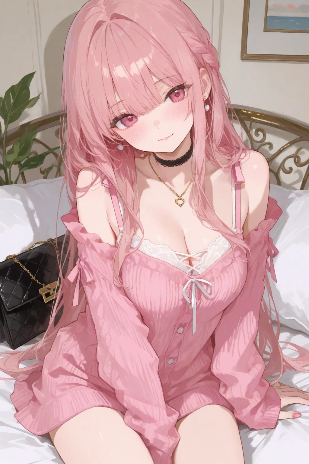 Uma elfa de cabelo rosa, com coxas grosas, meias longas apertada, lajerie muito curta, she is lying on the bed, is playing sexually, Looking at the camera in shame, arte muito sensual